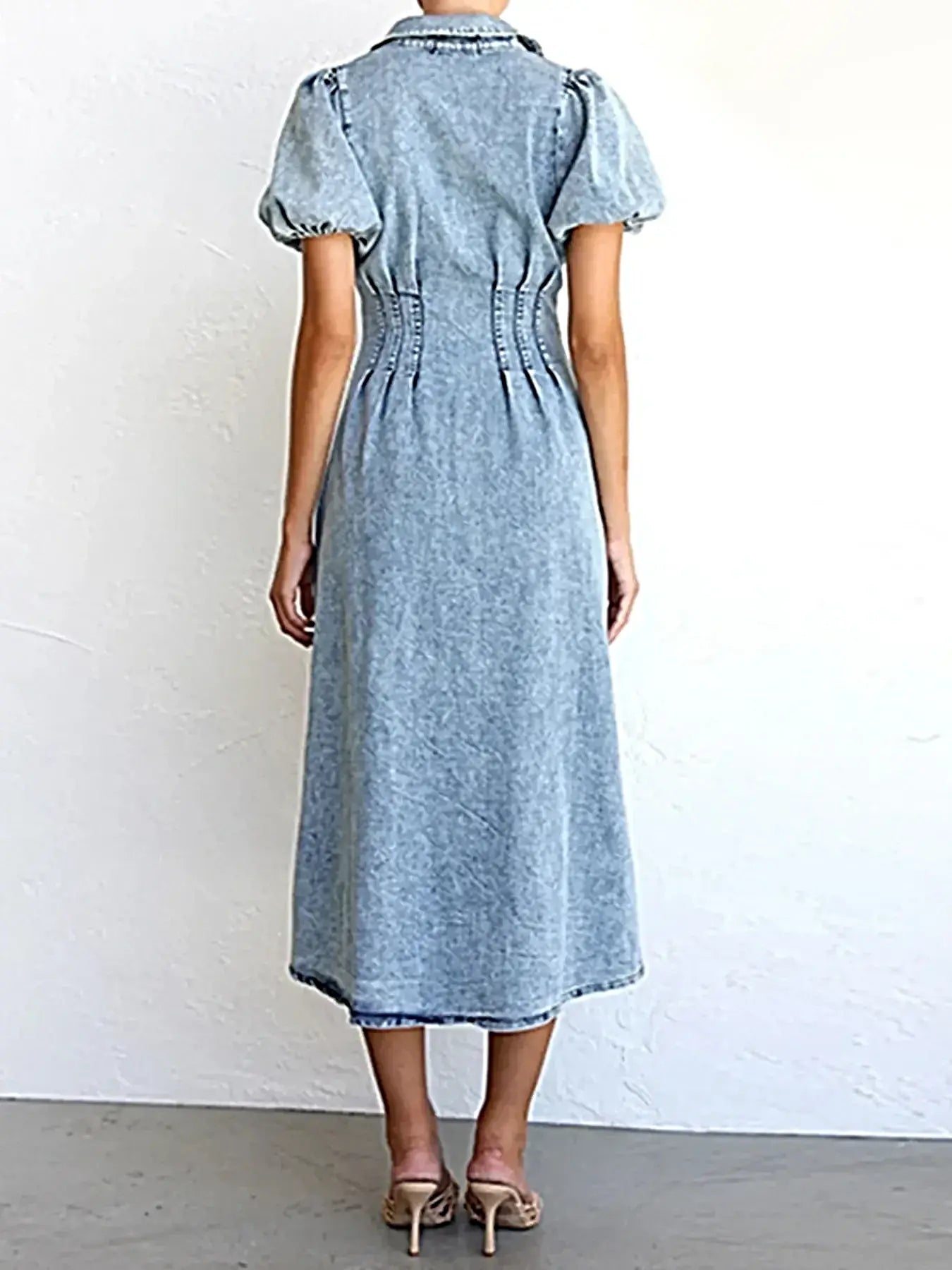 Puff Sleeve Button Front Denim Midi Dress -