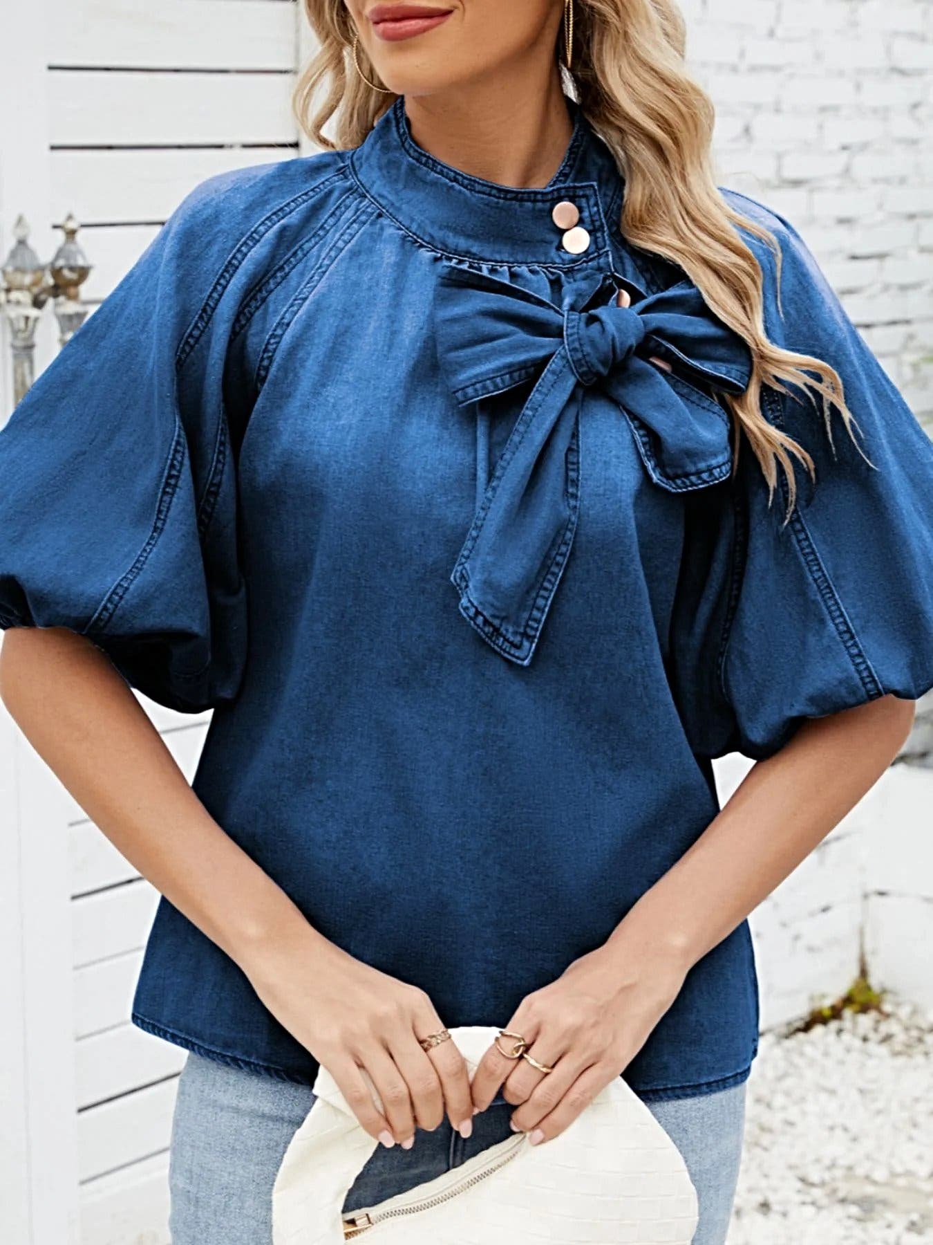 Bow Accent Puff Sleeve Denim Top -