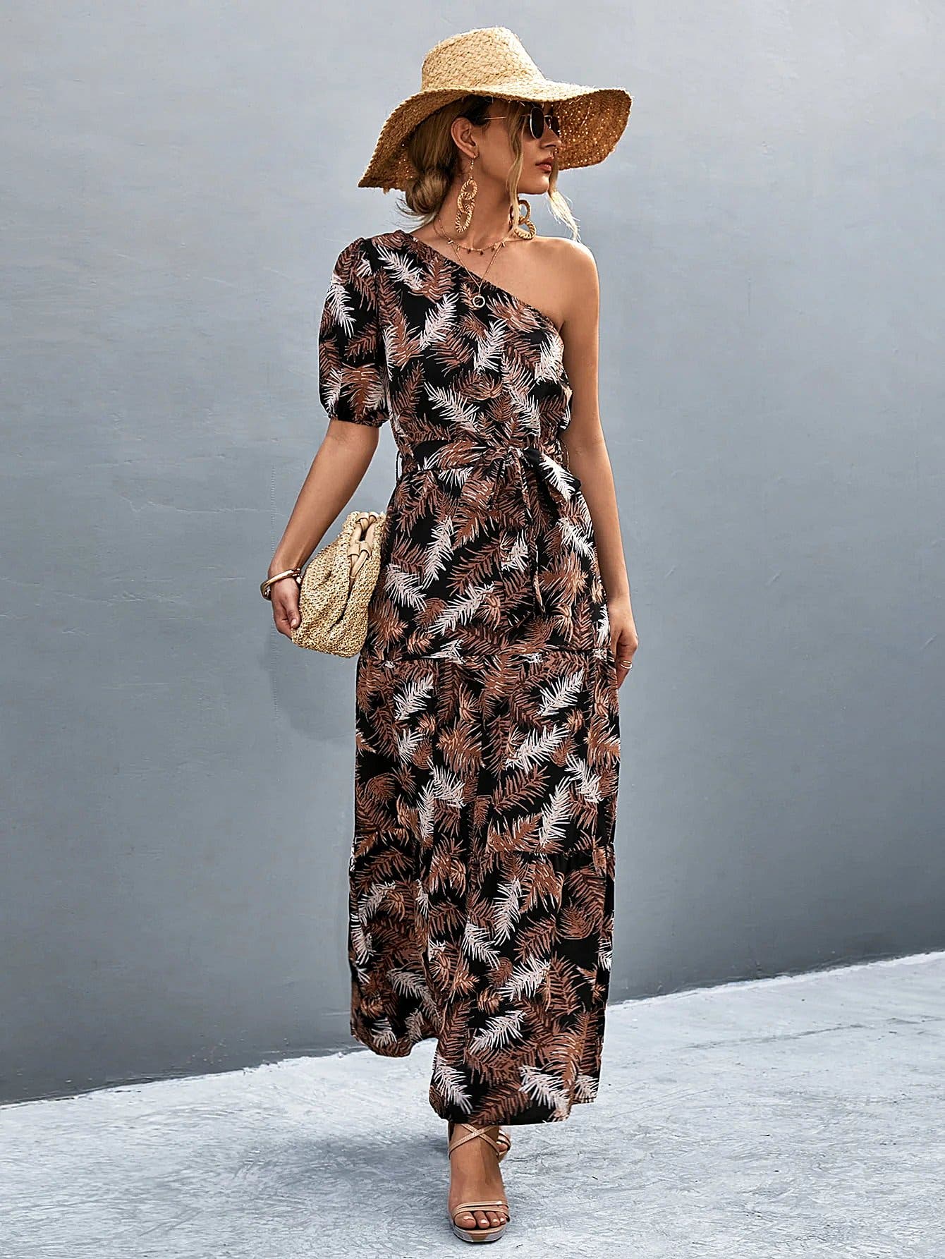 Printed Tie Waist One Shoulder Maxi Dress -