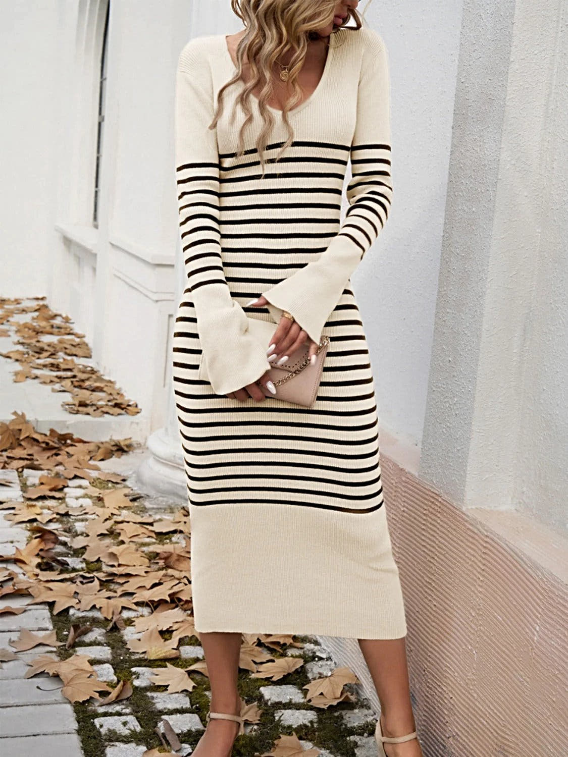 Devine Striped V-Neck Sweater Dress With Long Sleeves And Moderate Stretch, 100% Polyester Trendsi