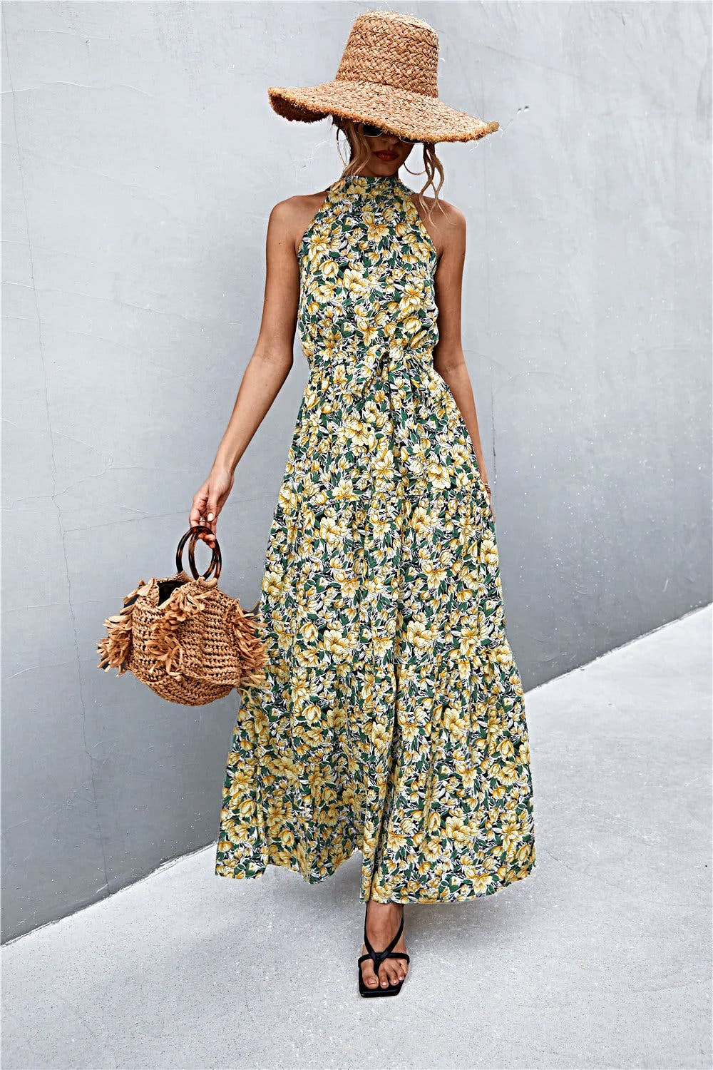 Grecian Printed Tie Waist Maxi Dress with Sleeveless Design and Polka Dot Floral Pattern Trendsi