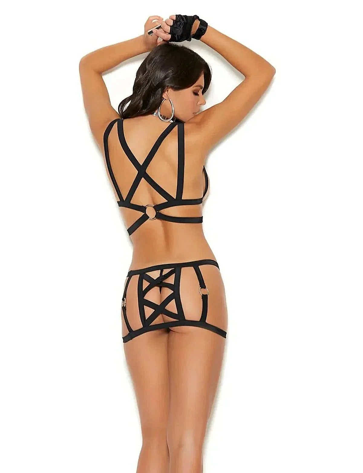 Elegant Moments 55024 Lycra caged top and matching mini skirt w/O ring. Reg.$36 - Bra Set