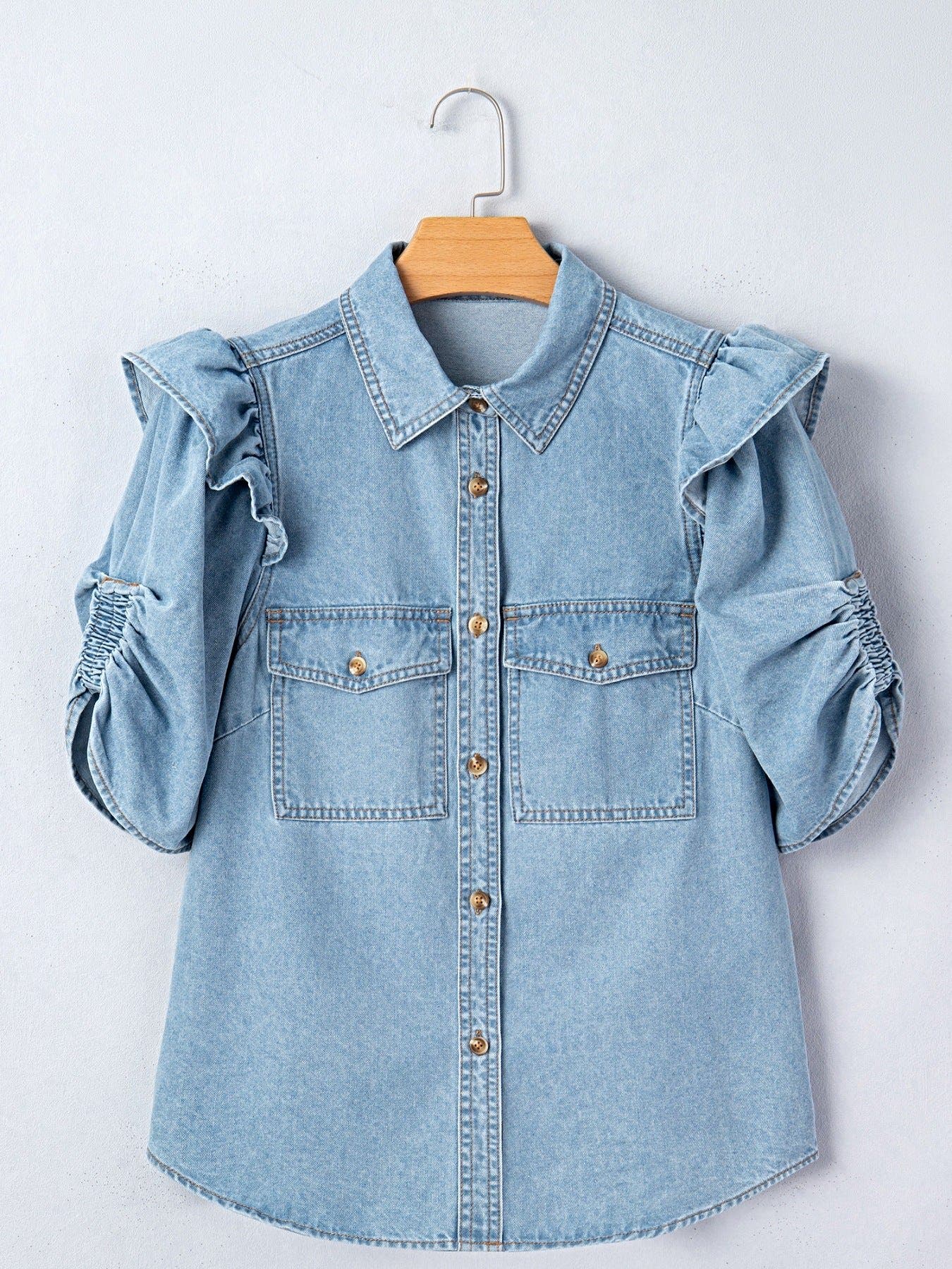 Ruffled Button-Down Denim Shirt -