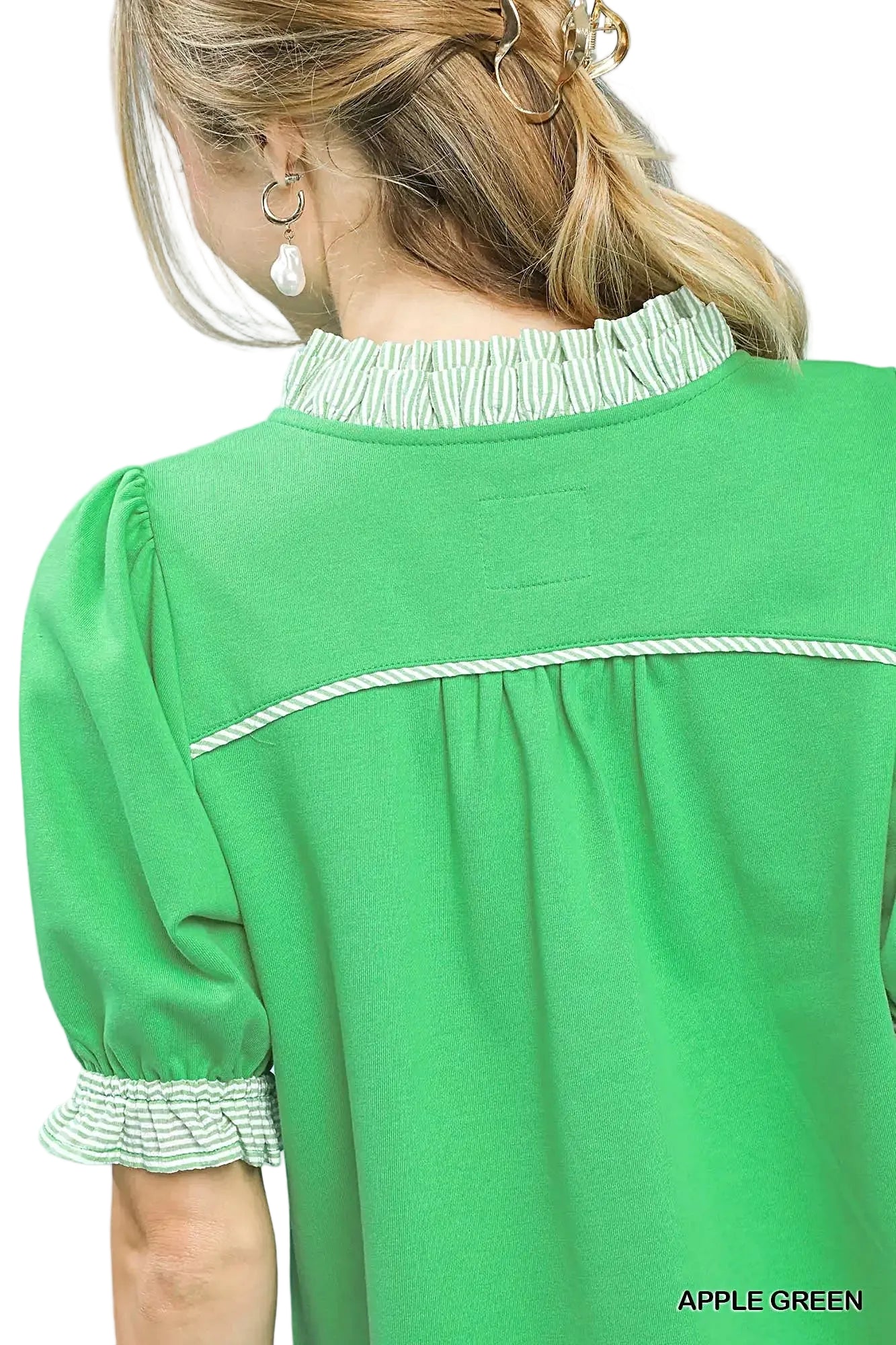 Umgee French Terry Ruffle Trim Puff Sleeve Top -