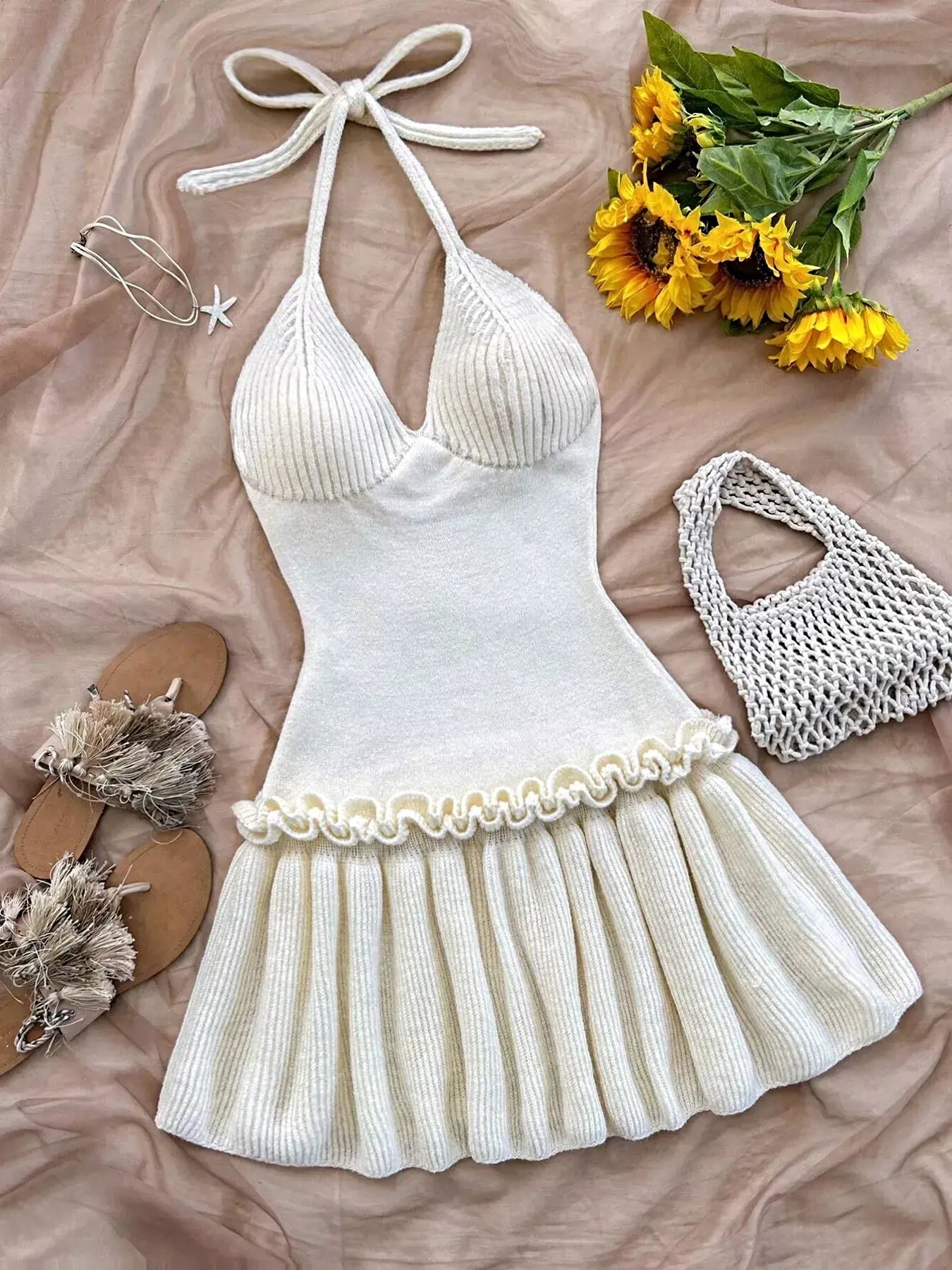 Halter Neck Ruffle Hem Knit Sweater Dress -
