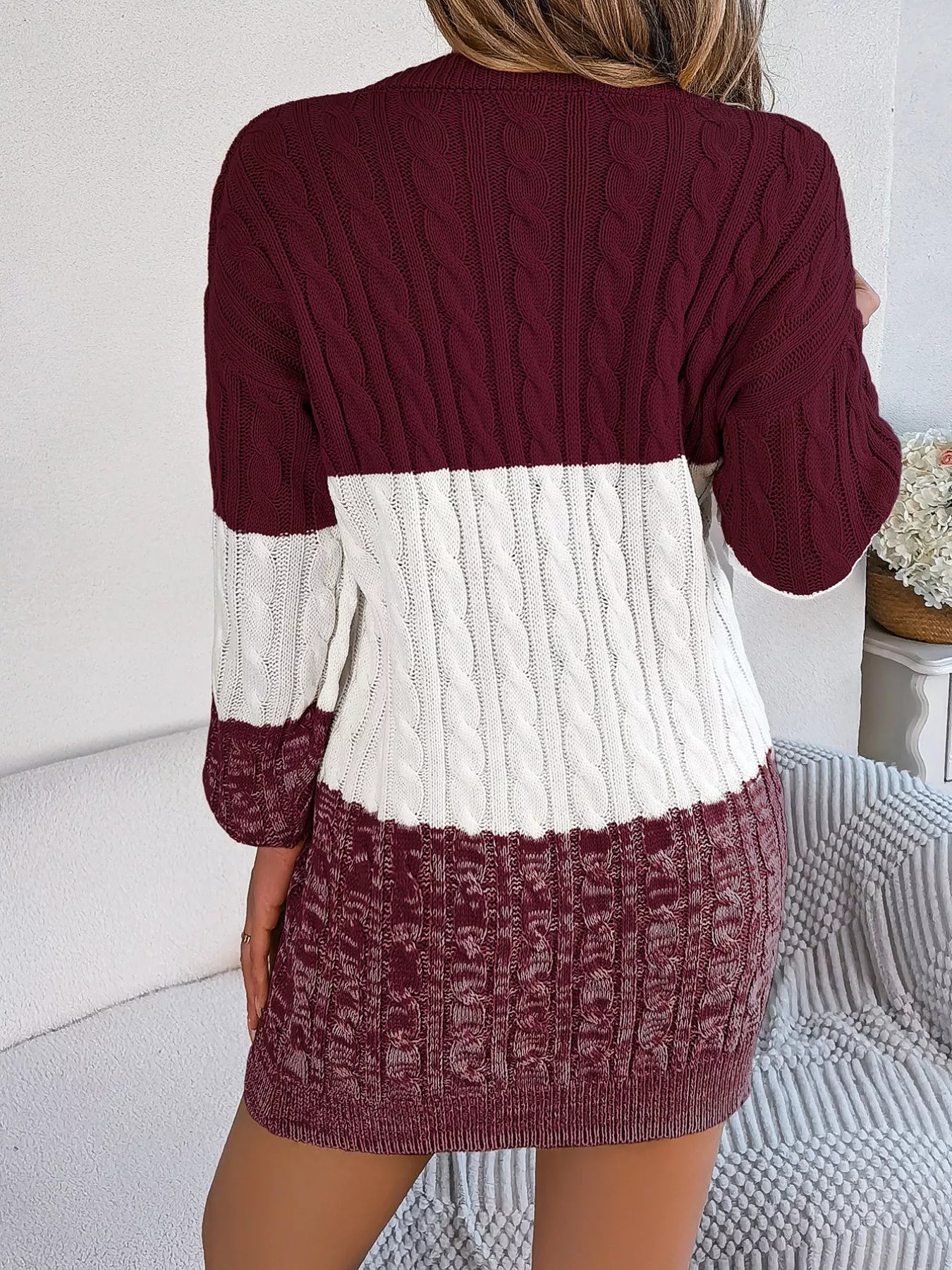 Color Block Cable Knit Sweater Dress with Textured Pattern -
