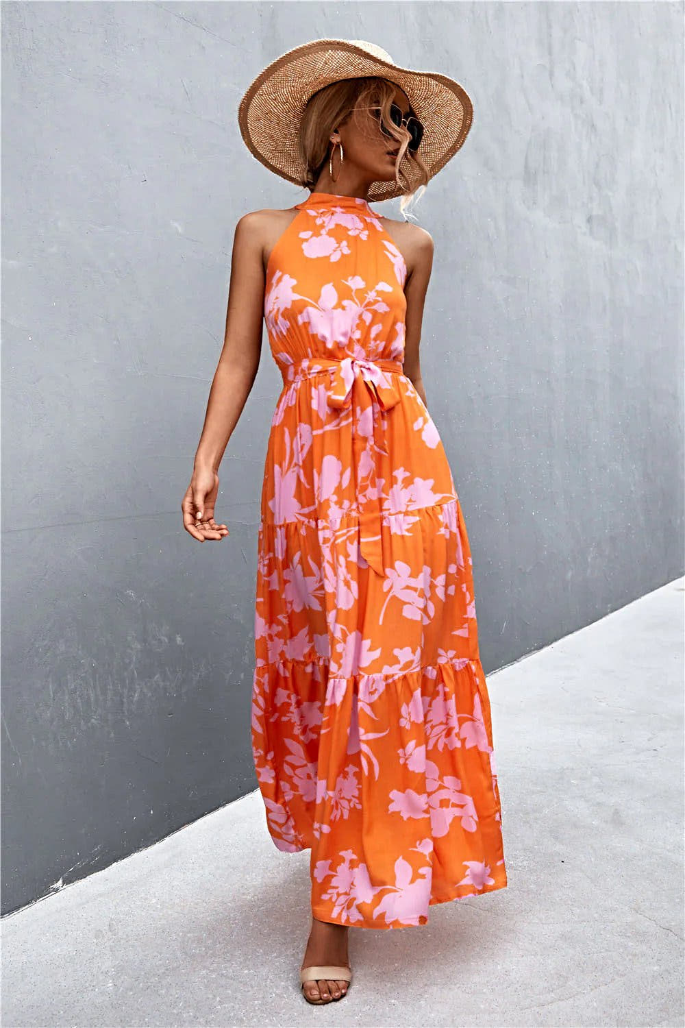 Grecian Printed Tie Waist Maxi Dress with Sleeveless Design and Polka Dot Floral Pattern Trendsi