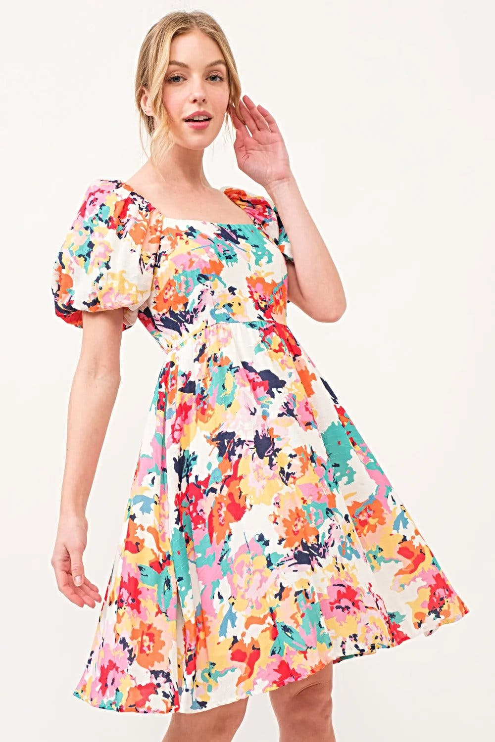 Floral Puff Sleeve Dress with Square Neckline and Pockets - Trendy Women's Fashion Trendsi