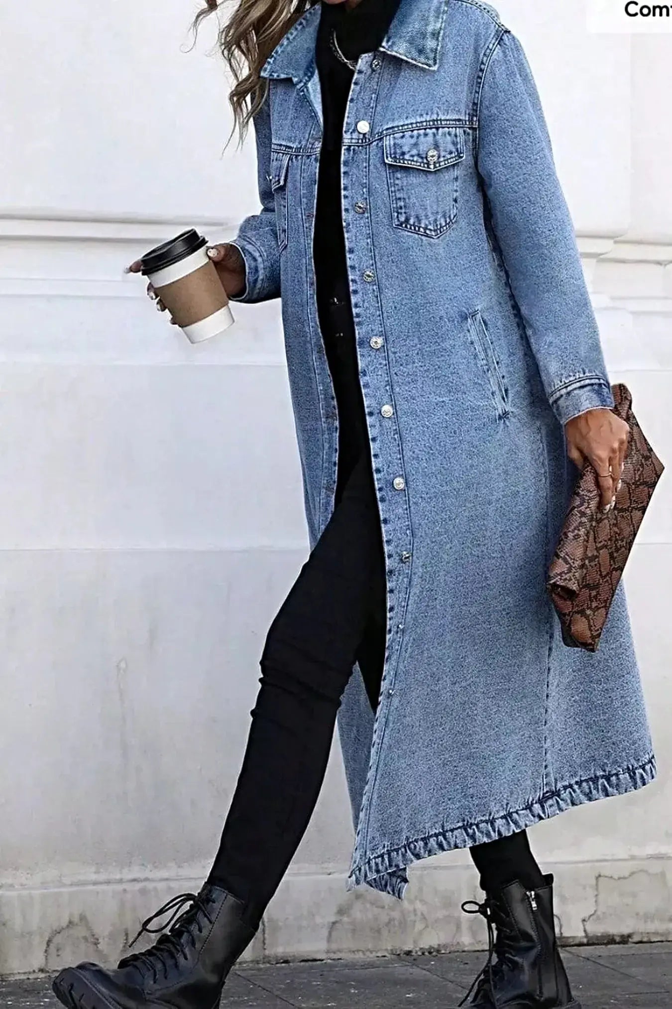 Longline Button-Front Denim Coat -