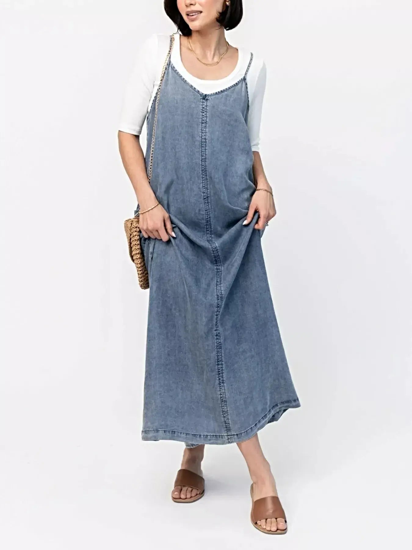 Casual Washed Denim Cami Maxi Dress -