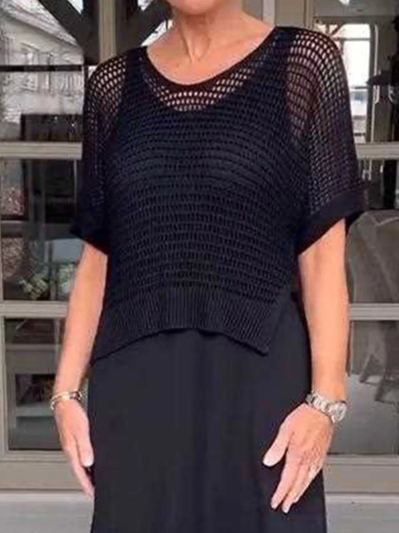 Full Size Openwork Knit Cover Up and Dress Set Plus Size -