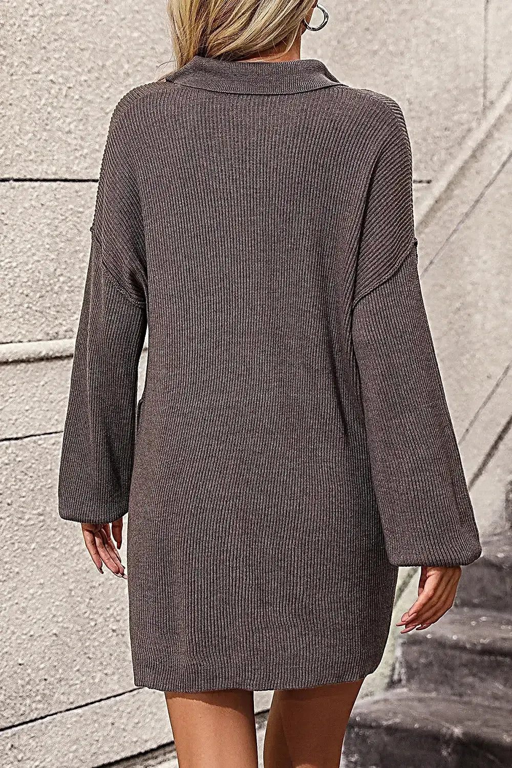 Collared Neck Long Sleeve Sweater Dress with Pockets -