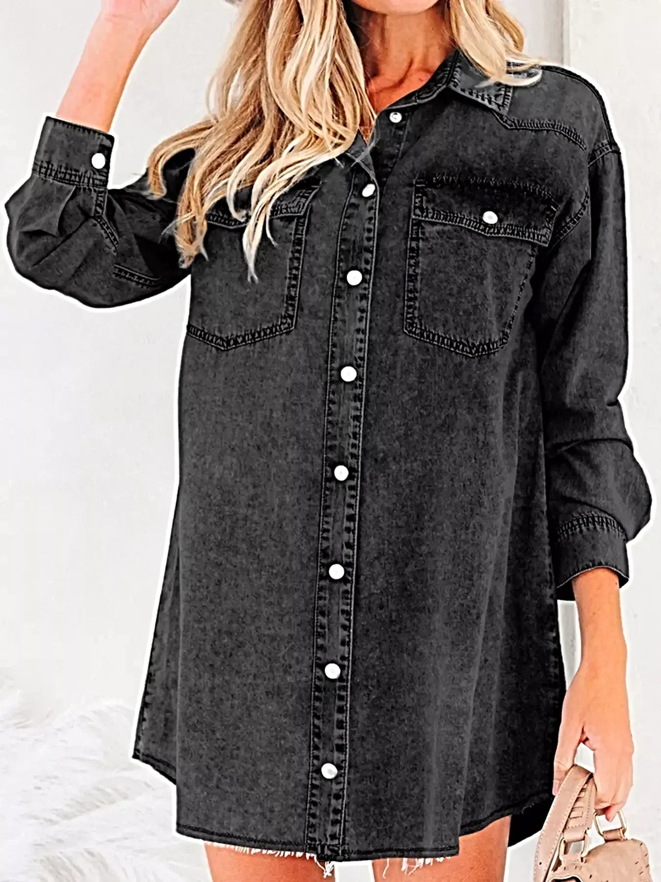 Chest Pocket Raw Hem Denim Loose Shirt Dress -