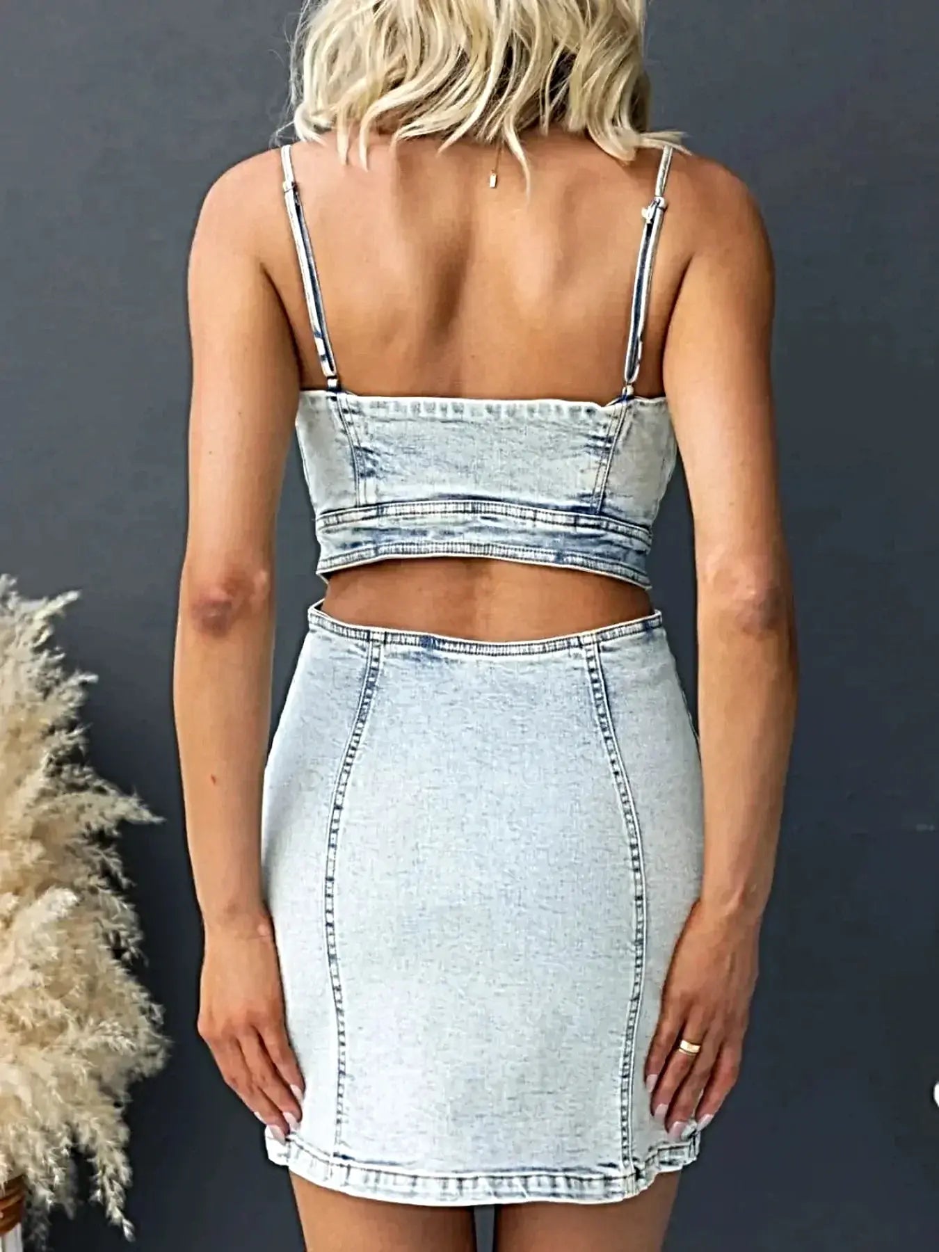 Cutout Back Sweetheart Neck Denim Cami Dress -
