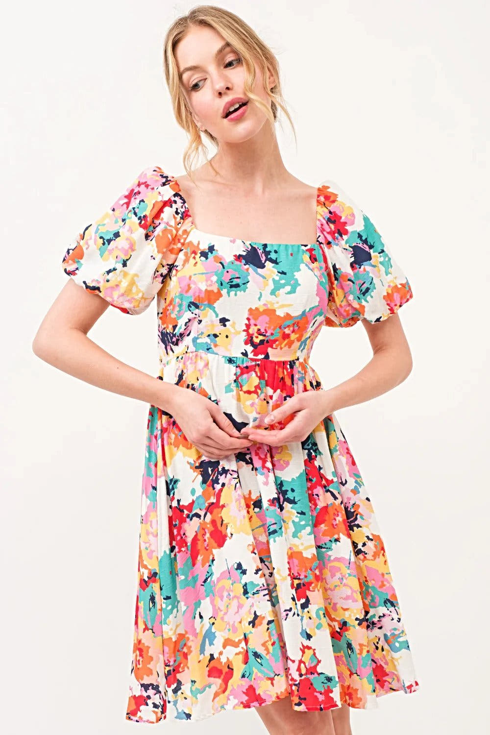 Floral Puff Sleeve Dress with Square Neckline and Pockets - Trendy Women's Fashion Trendsi