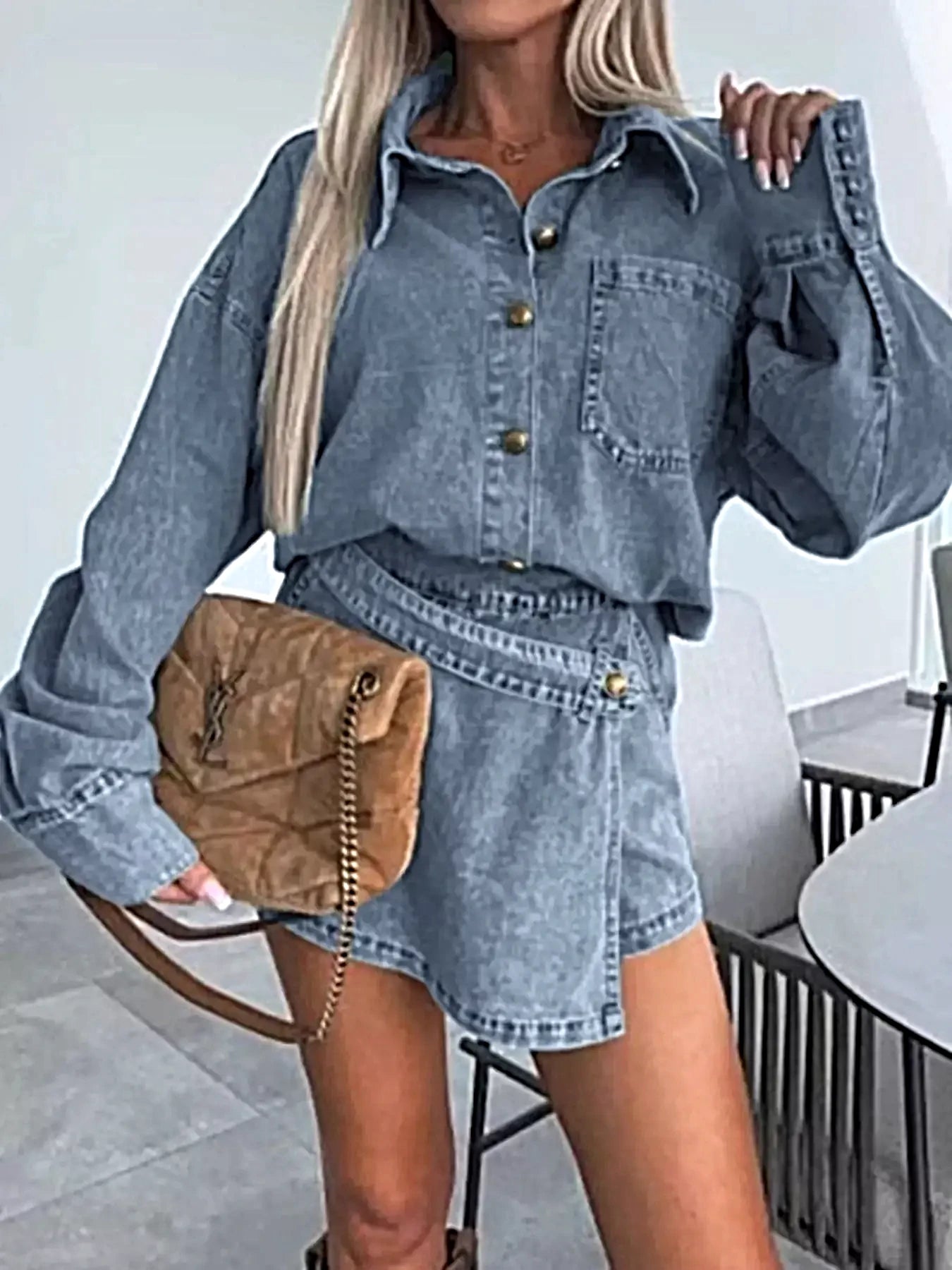 Button-Front Shirt and Mini Skirt Oversized Denim Set -