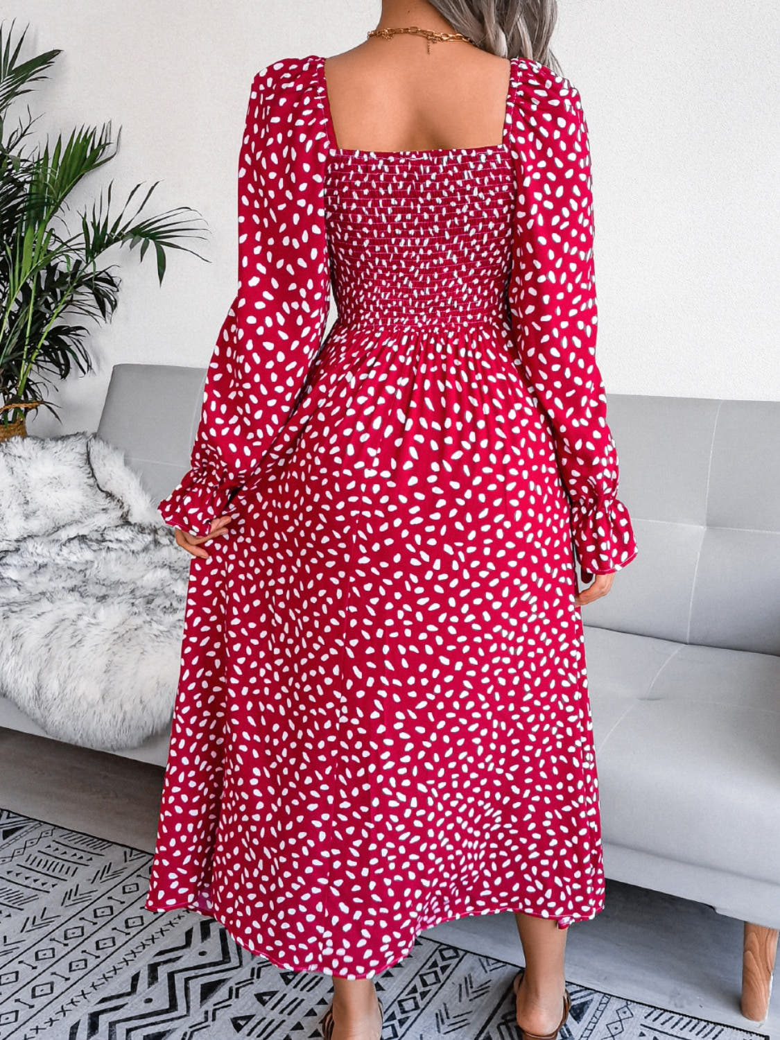 Smocked Square Neck Flounce Sleeve Dress -