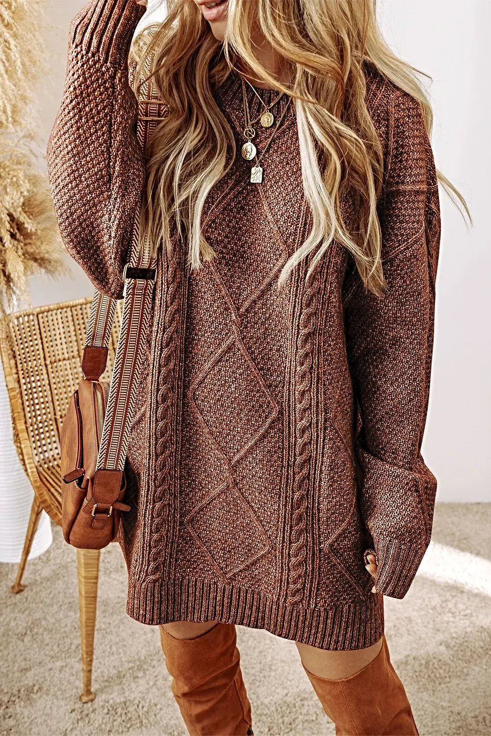 Cable-Knit Round Neck Sweater Dress -