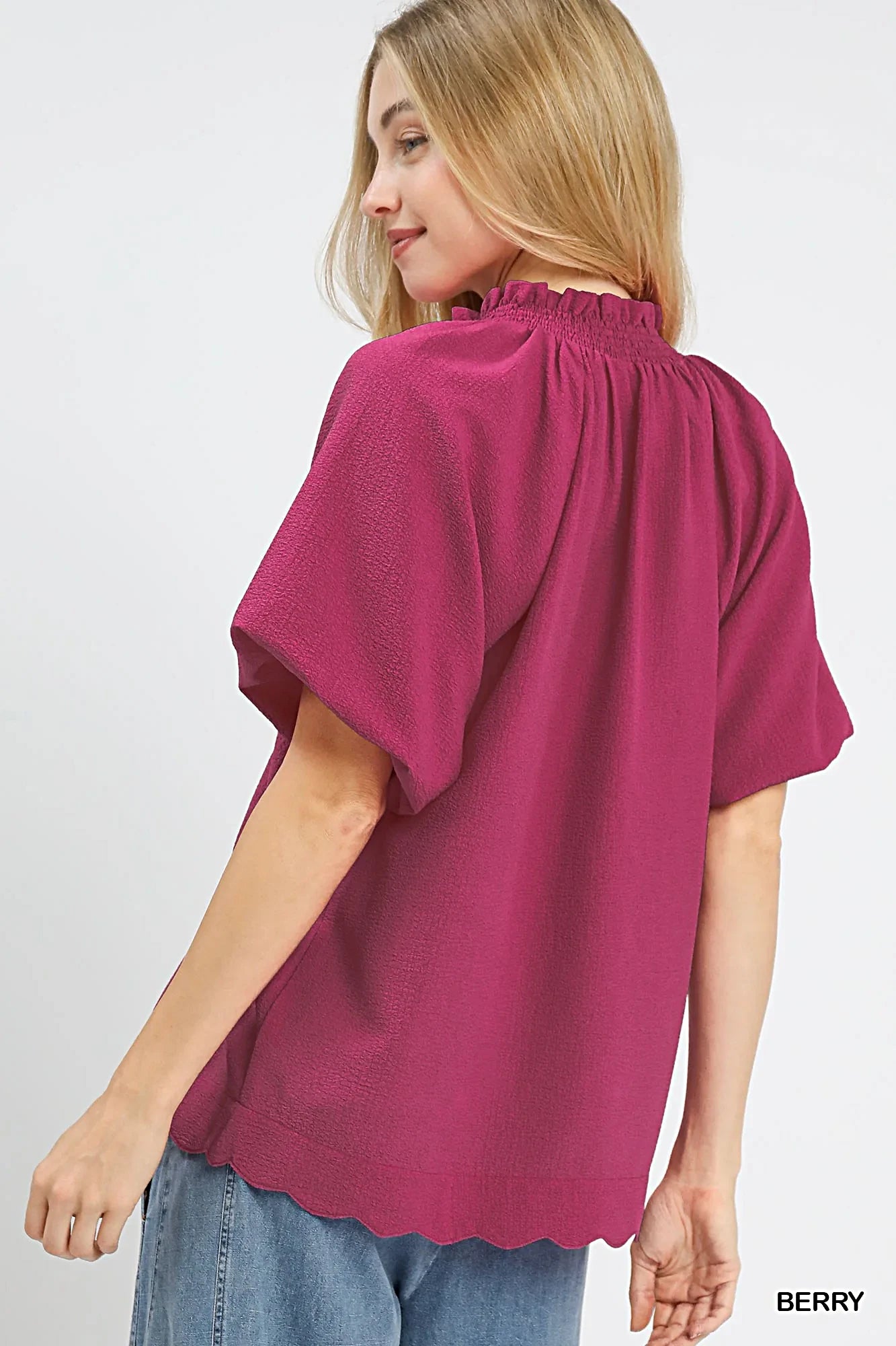 Umgee Scalloped Hem Textured Blouse -