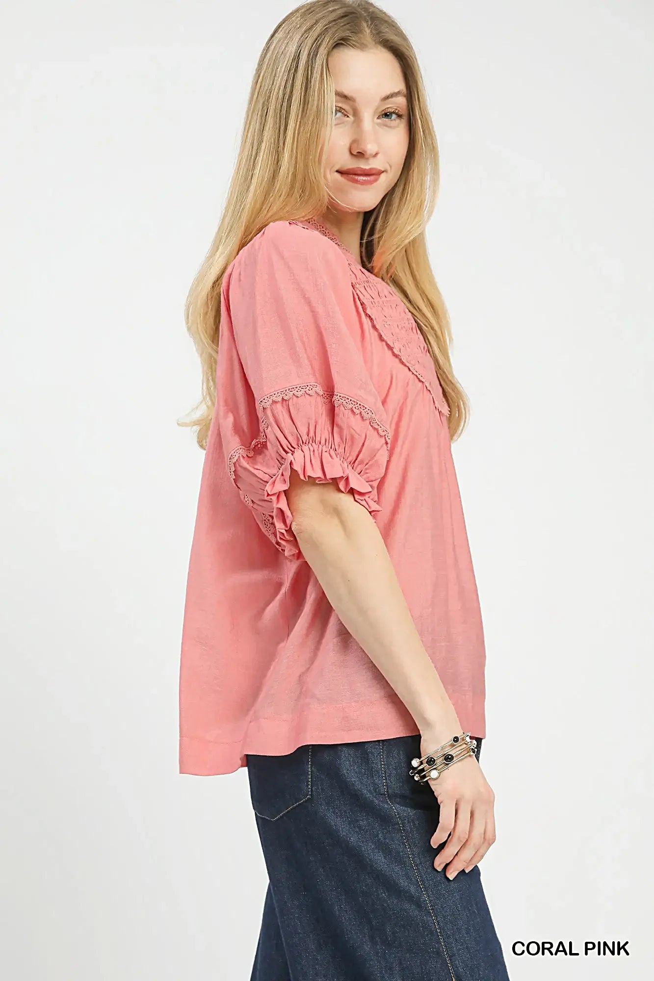 Umgee Smocked Yoke Blouse with Ruffle Sleeves -