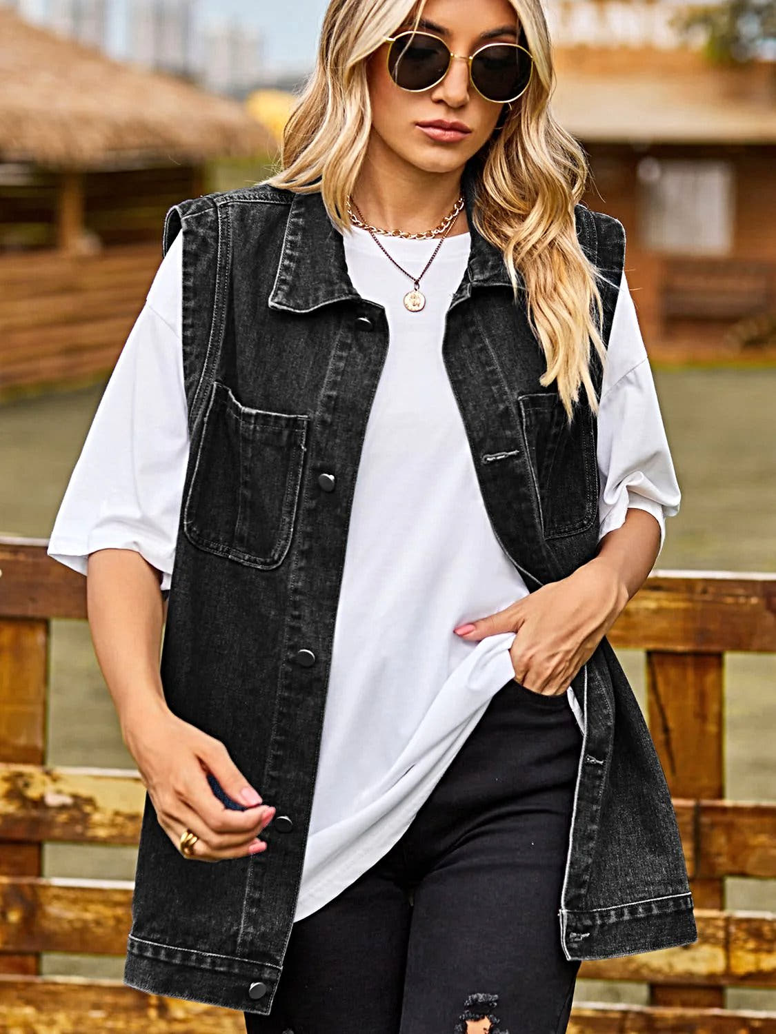 Button Down Denim Vest -