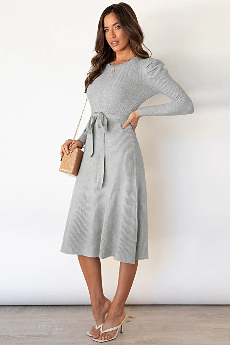 Luxury Tie Waist Sweater Dress with Round Neck and Long Sleeves - Highly Stretchy, Opaque Fabric Trendsi
