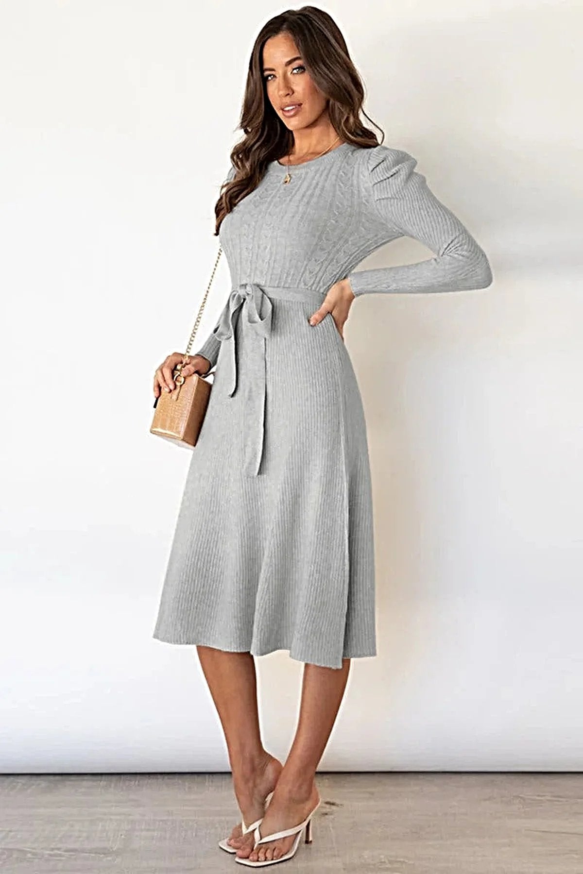 S-2XL • Tie Waist Sweater Dress • Round Neck, Long Sleeves • Stretchy Opaque Fabric -