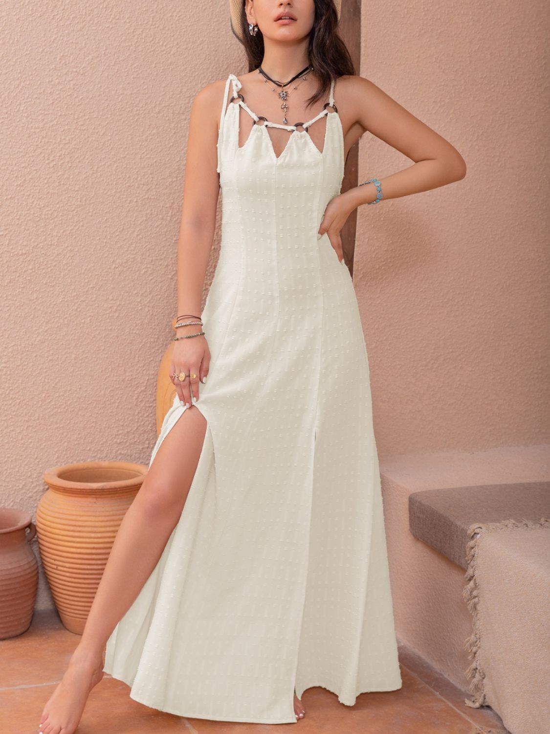 Swiss Dot Cutout Sleeveless Maxi Dress Trendsi