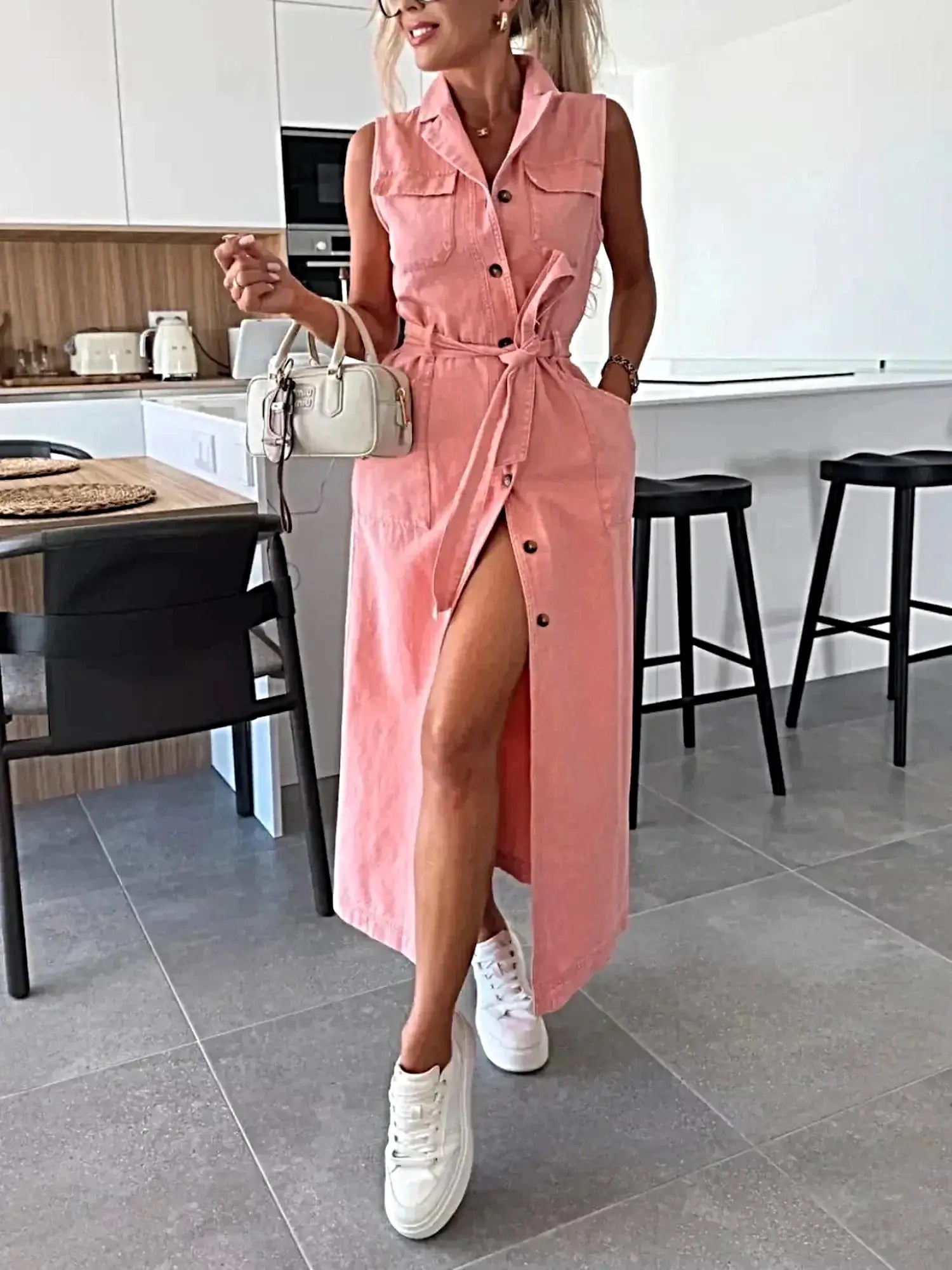 Button Front Sleeveless Denim Dress -