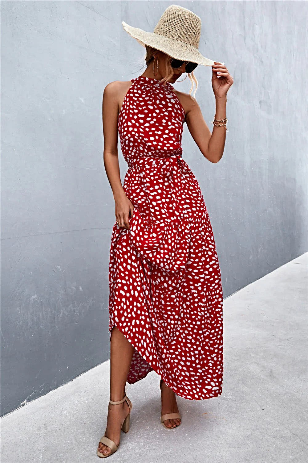 Grecian Printed Tie Waist Maxi Dress with Sleeveless Design and Polka Dot Floral Pattern Trendsi