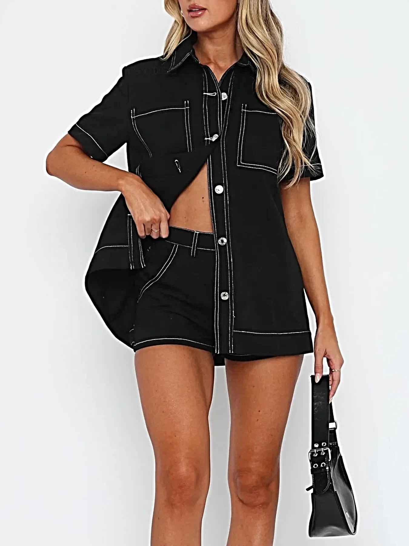 Button Up Short Sleeve Top and Shorts Denim Set -
