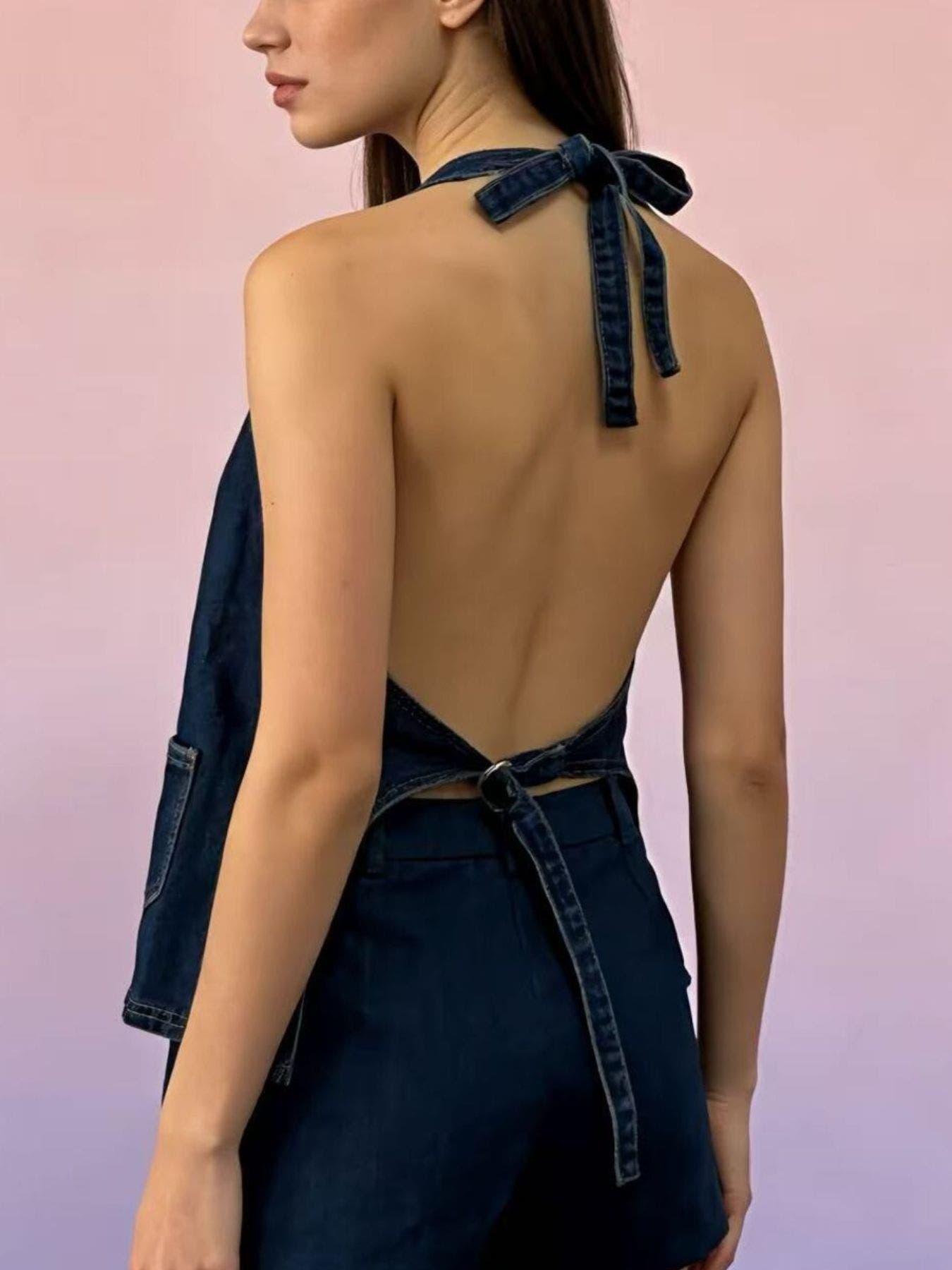Halter Neck Button-Down Denim Vest -