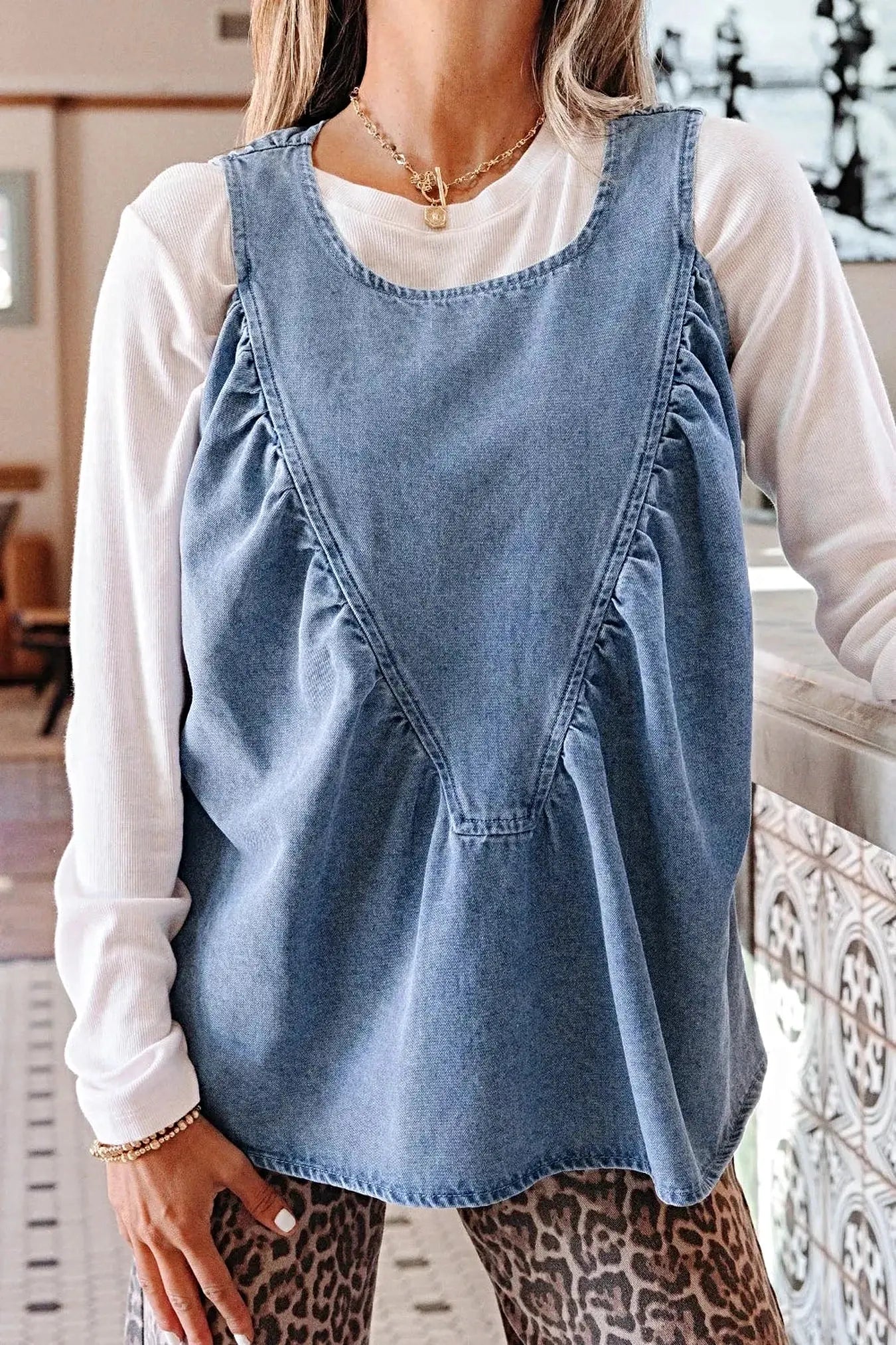 Denim Pleated Patchwork Sleeveless Top -
