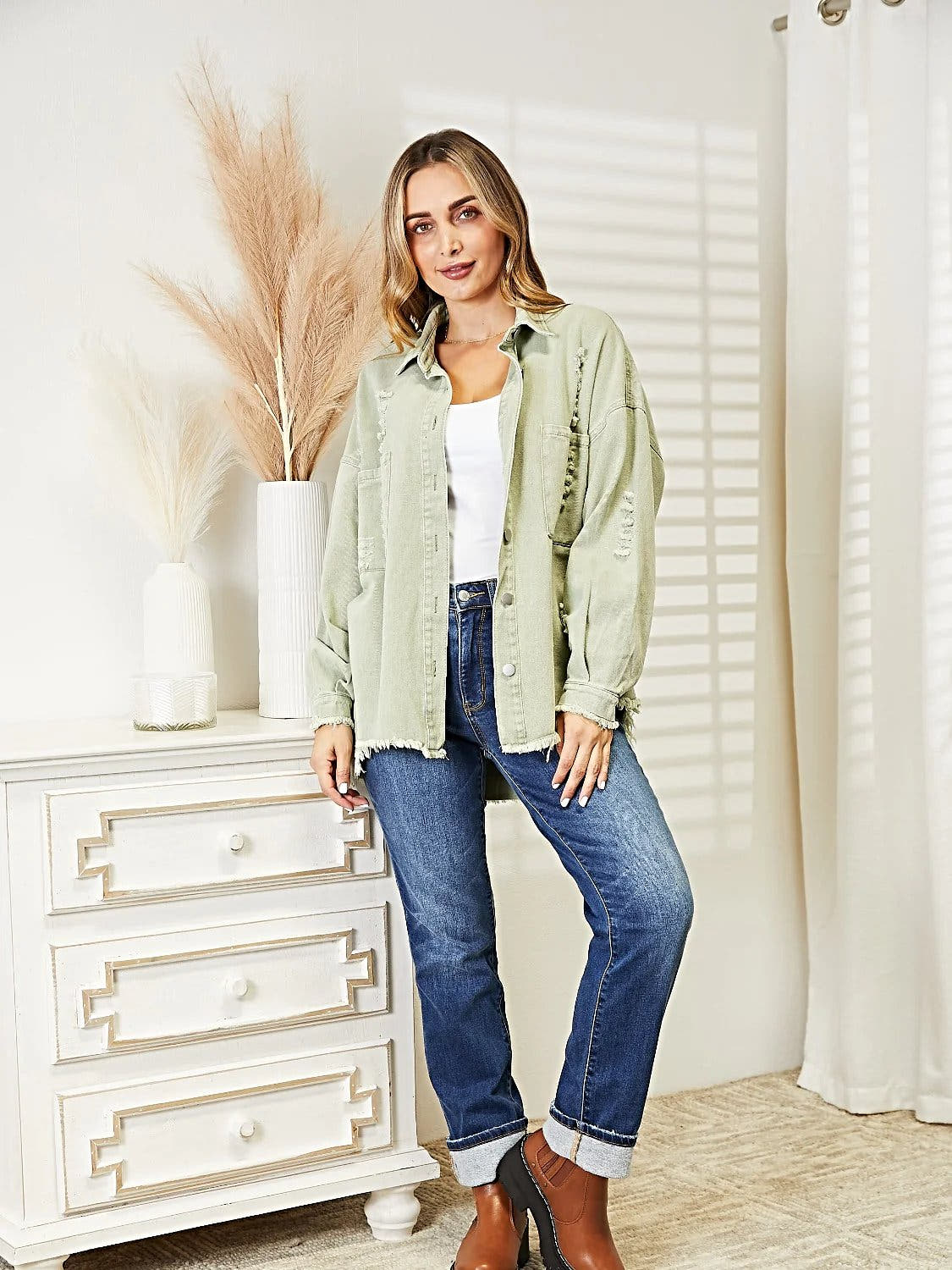 Distressed Raw Hem Denim Jacket -