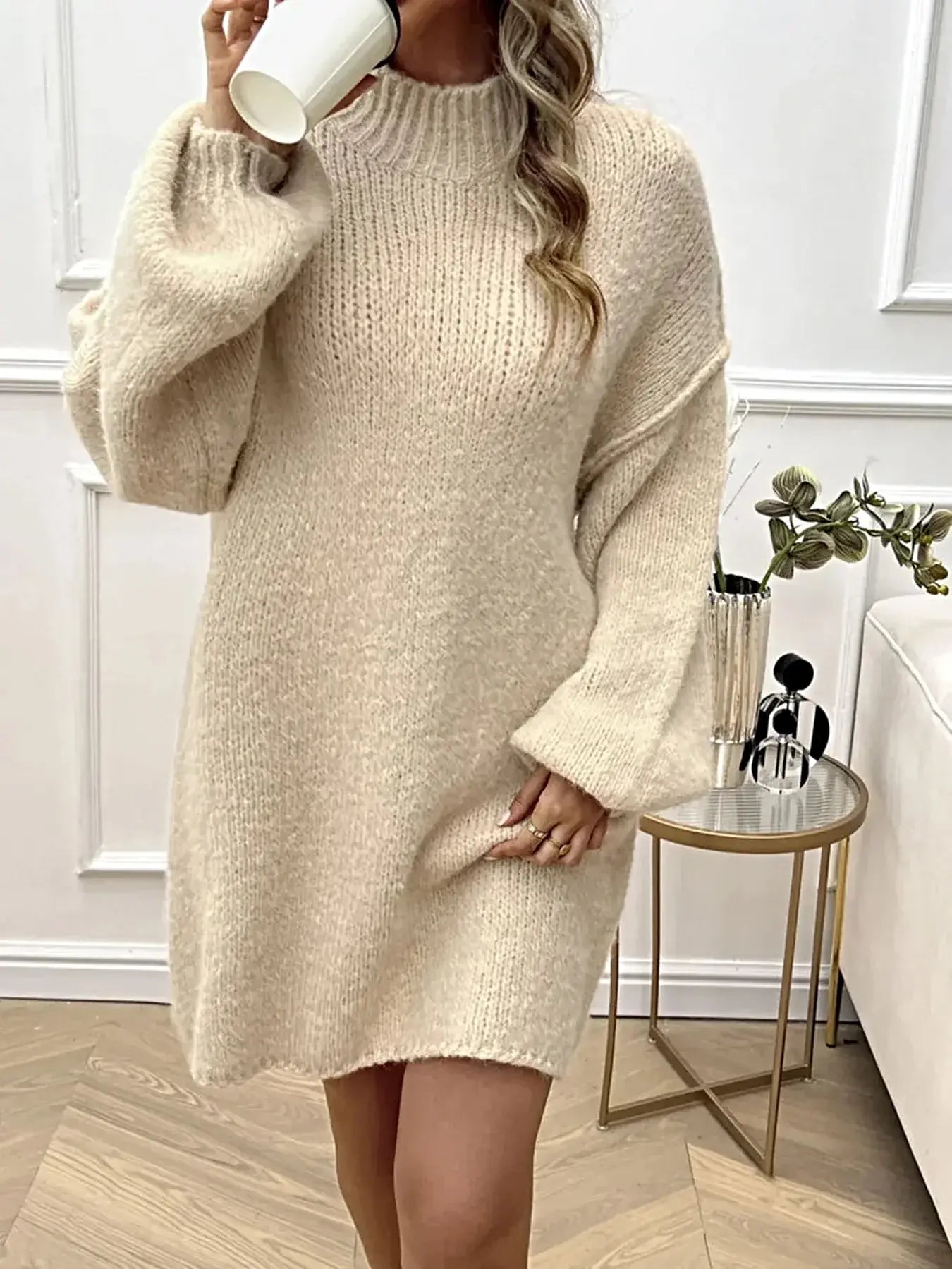 Devine Mock Neck Long Sleeve Mini Sweater Dress -