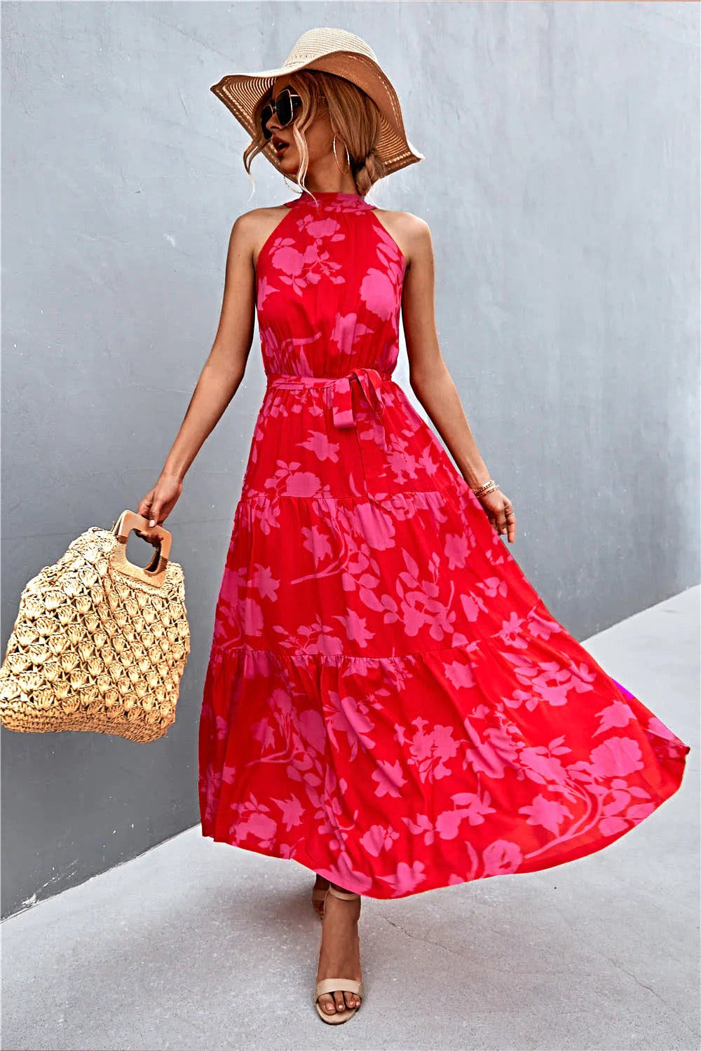 Grecian Printed Tie Waist Maxi Dress with Sleeveless Design and Polka Dot Floral Pattern Trendsi