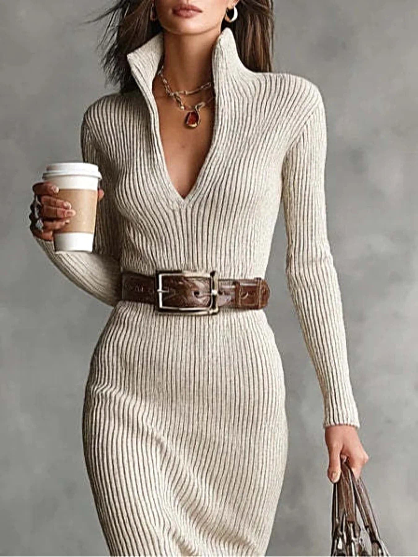 Ribbed Knit Turtleneck Bodycon Sweater Dress -