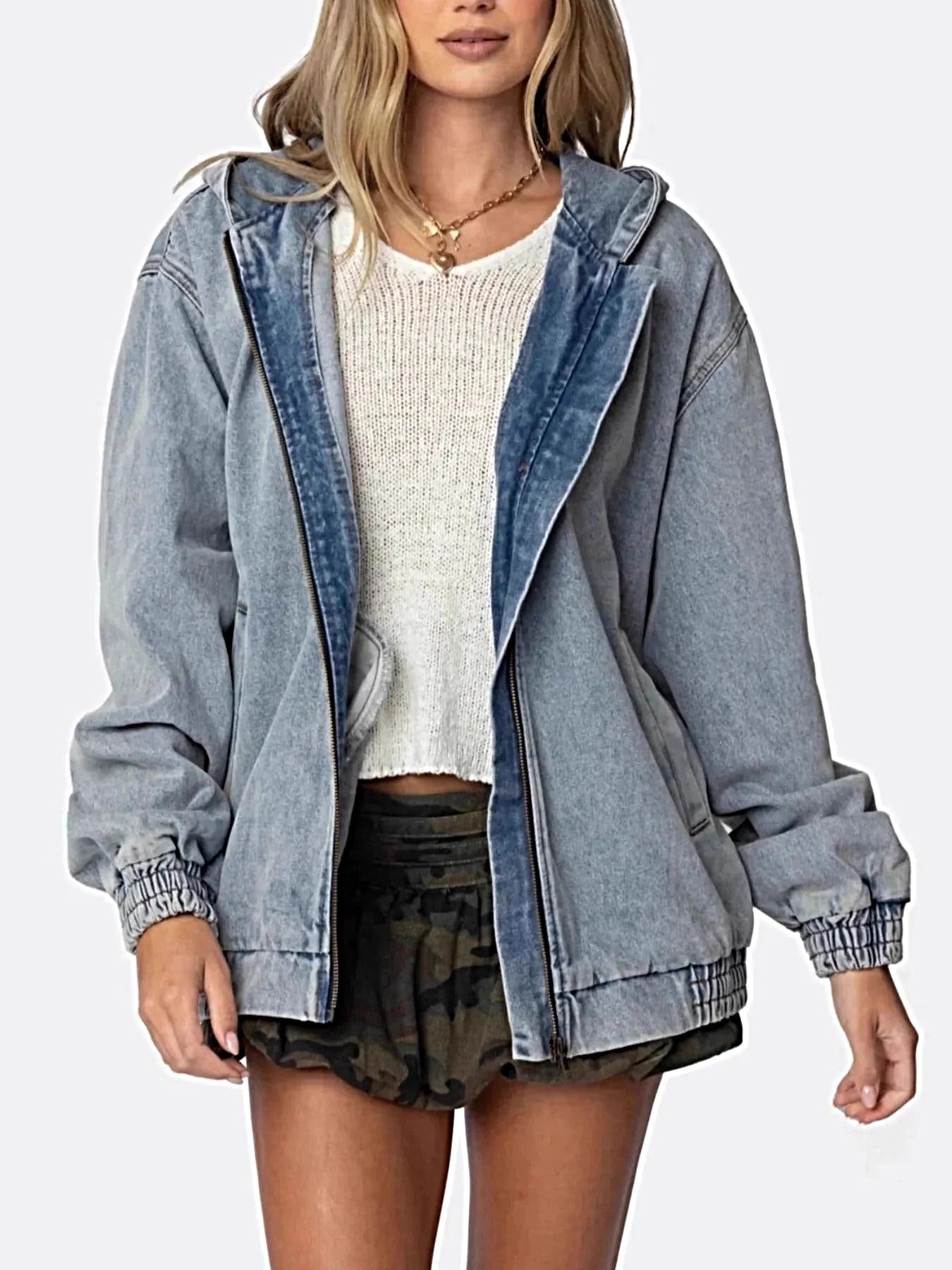 Hooded Oversized Zip Up Denim Jacket -