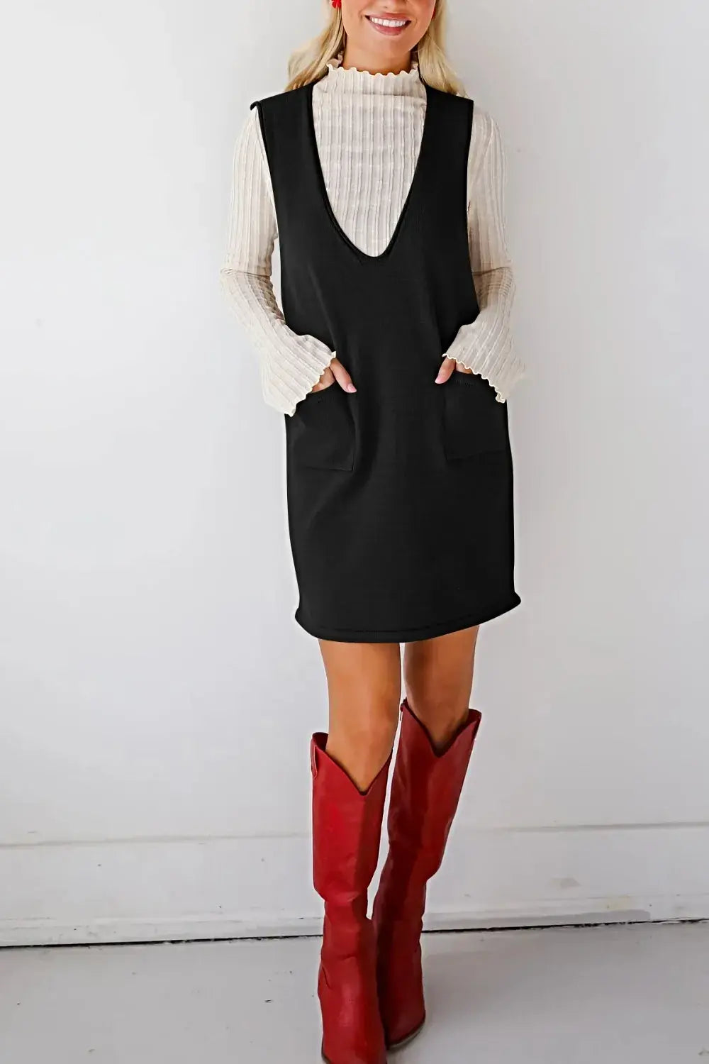 Lovelet Pocketed V-Neck Mini Sweater Overall Dress -