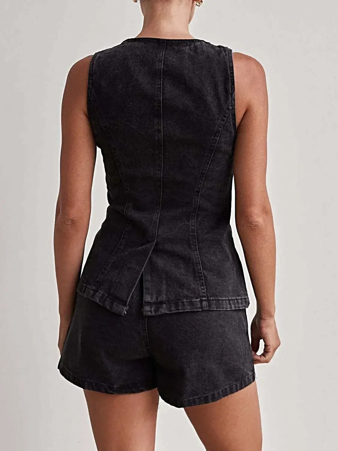 Button Down Vest and Shorts Denim Set -
