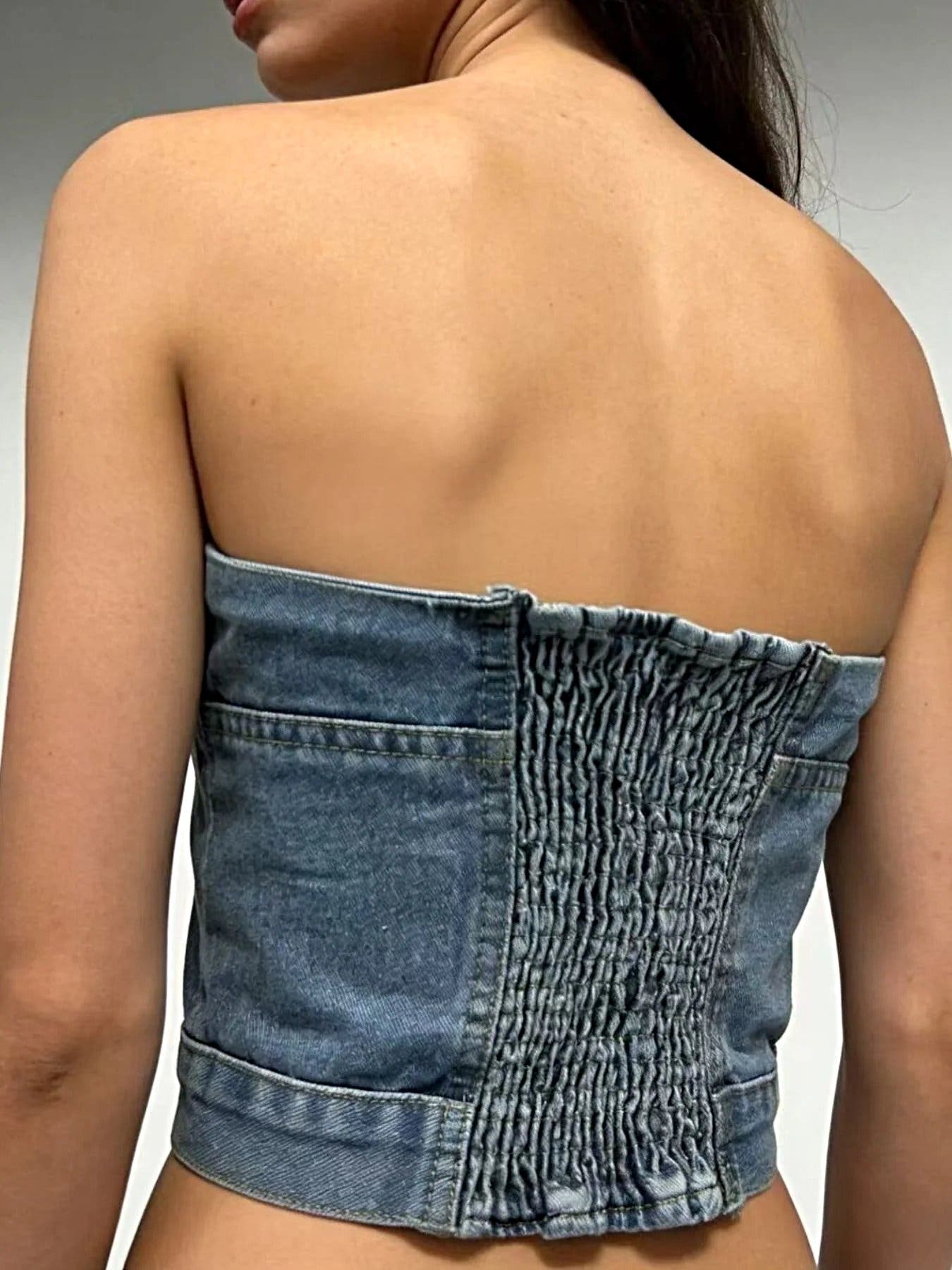 Button-Front Denim Tube Top -