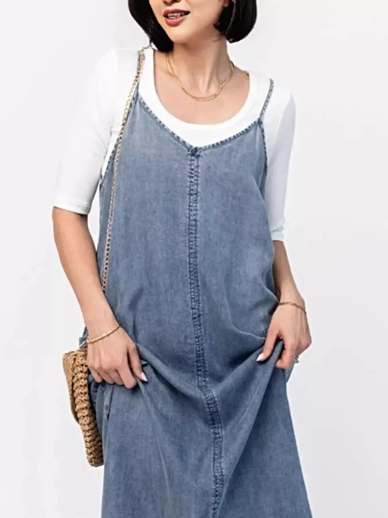Casual Washed Denim Cami Maxi Dress -