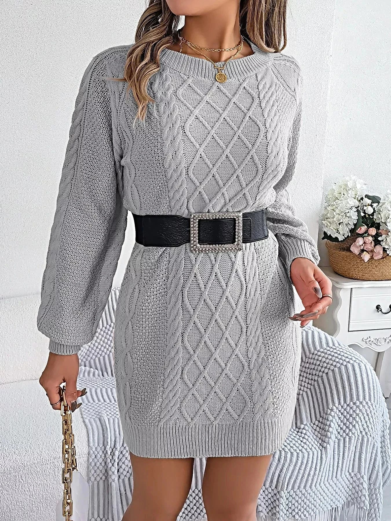Diamond Cable Knit Sweater Dress with Long Sleeves -