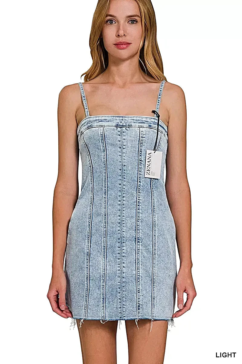 Zenana Spaghetti Strap Exposed Seam Light-Wash Dress -