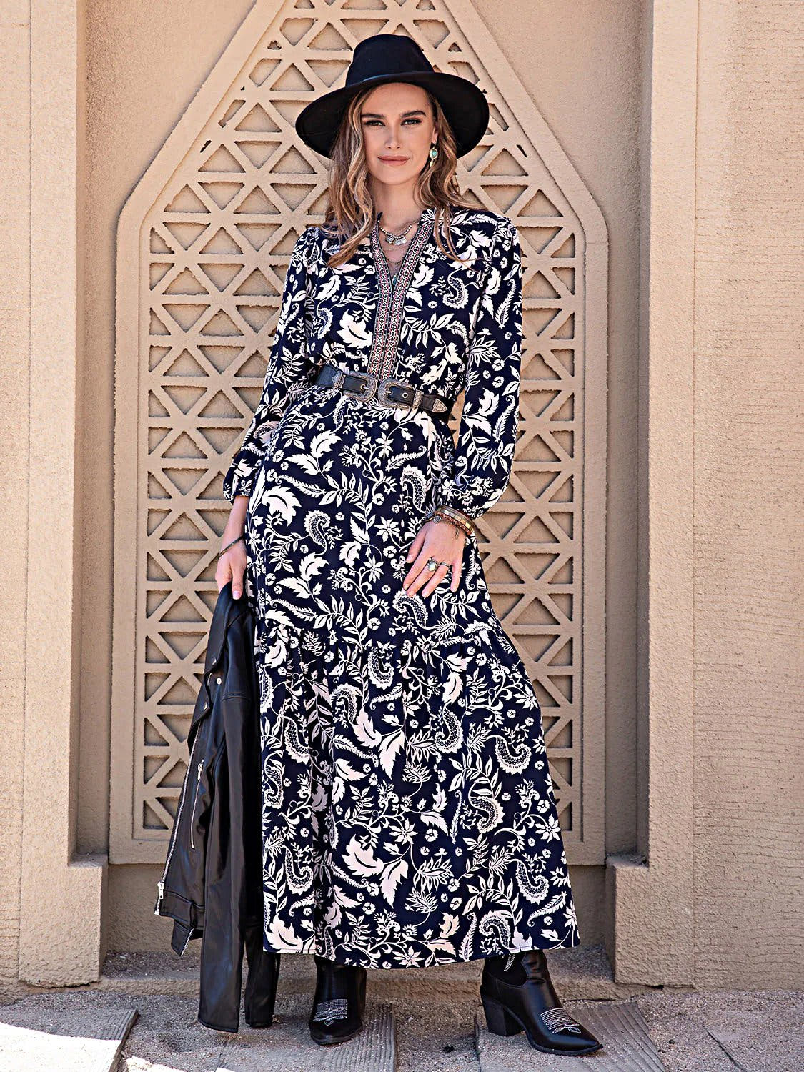 Printed Notched Neck Maxi Dress -