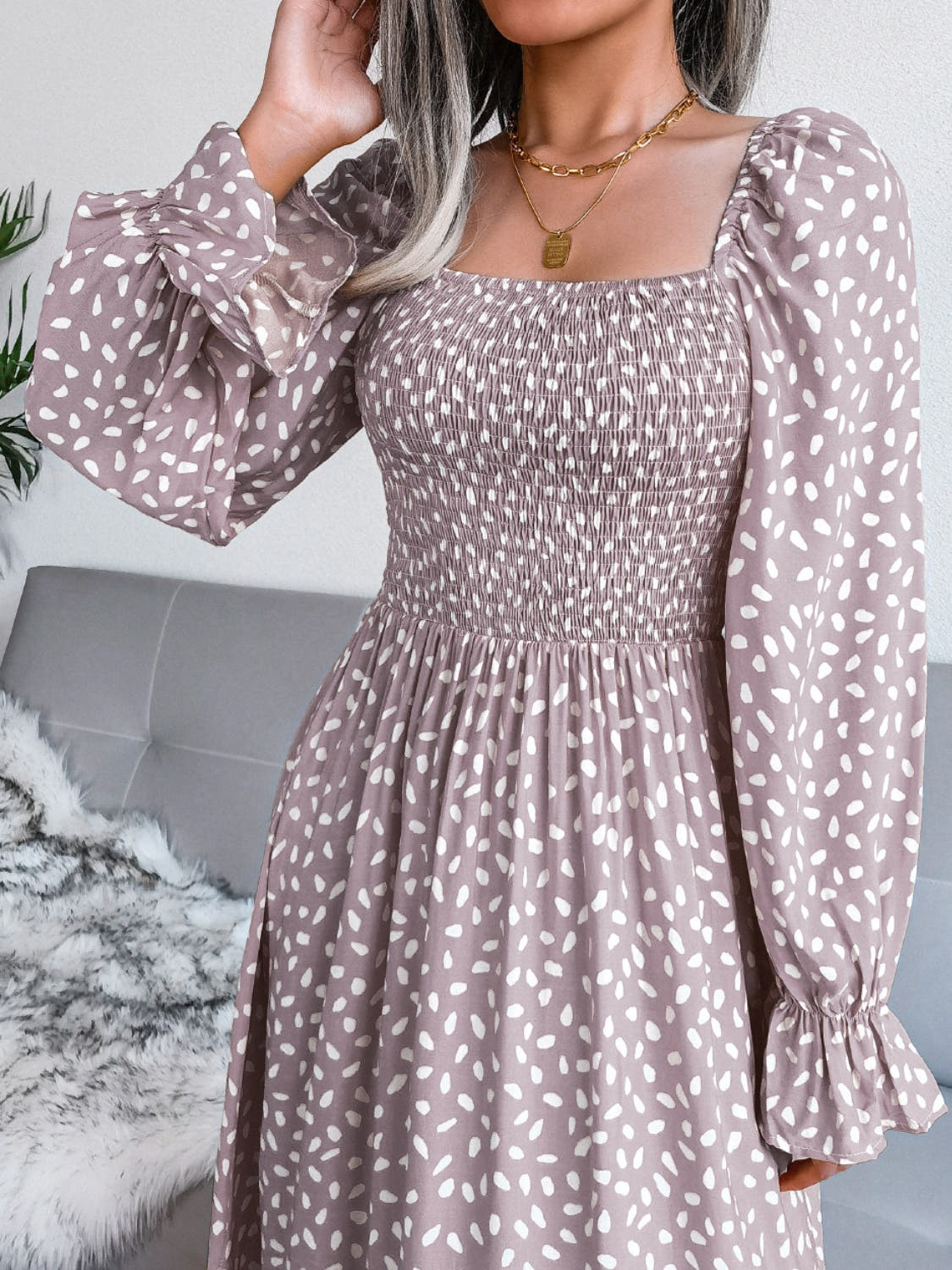 Smocked Square Neck Flounce Sleeve Dress -