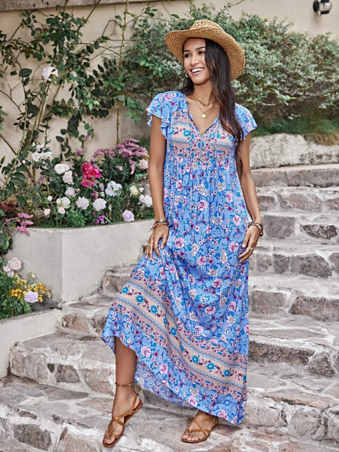 Ruffled Printed Tie Neck Cap Sleeve Dress -