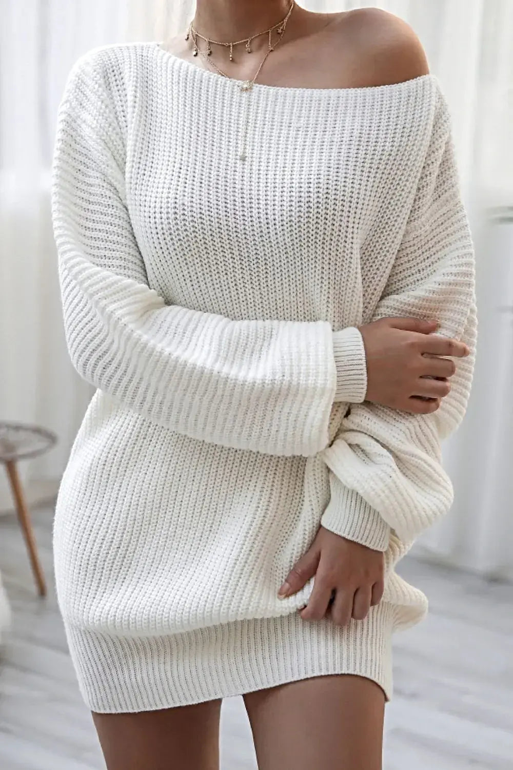 Boat Neck Long Sleeve Mini Sweater Dress -