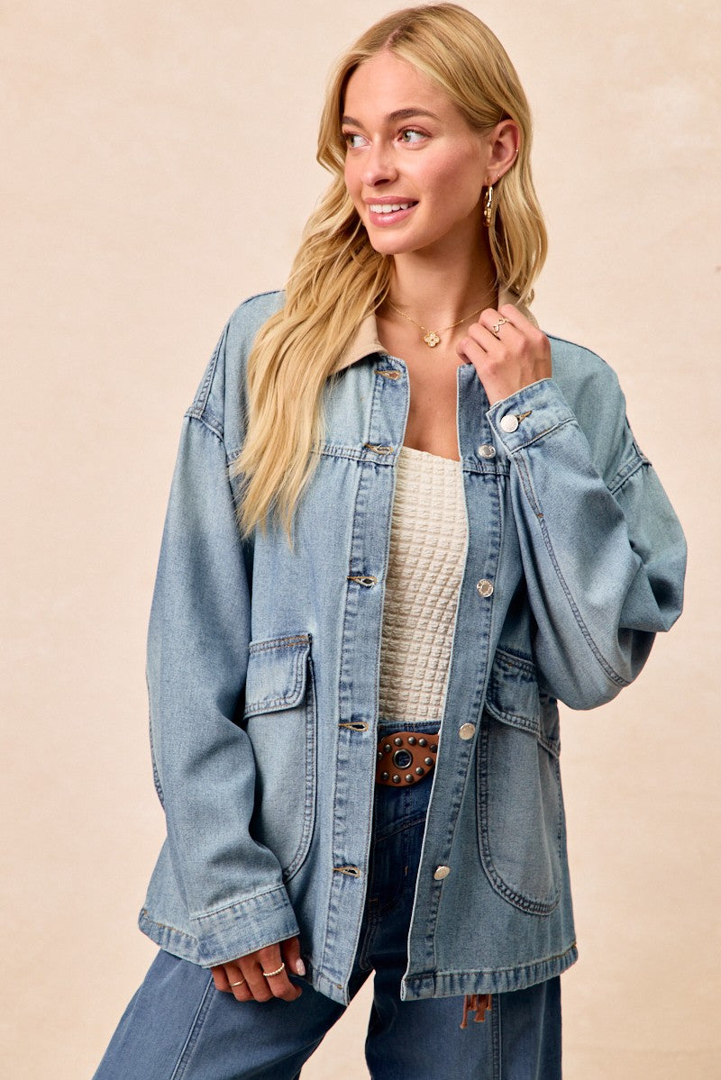 BiBi Washed Denim Jacket with Contrast Collar Detail -