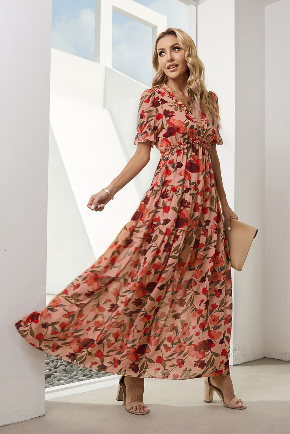 Elegant Floral V-Neck Dress with Short Flounce Sleeves, A-Line Maxi Length, 100% Polyester Trendsi